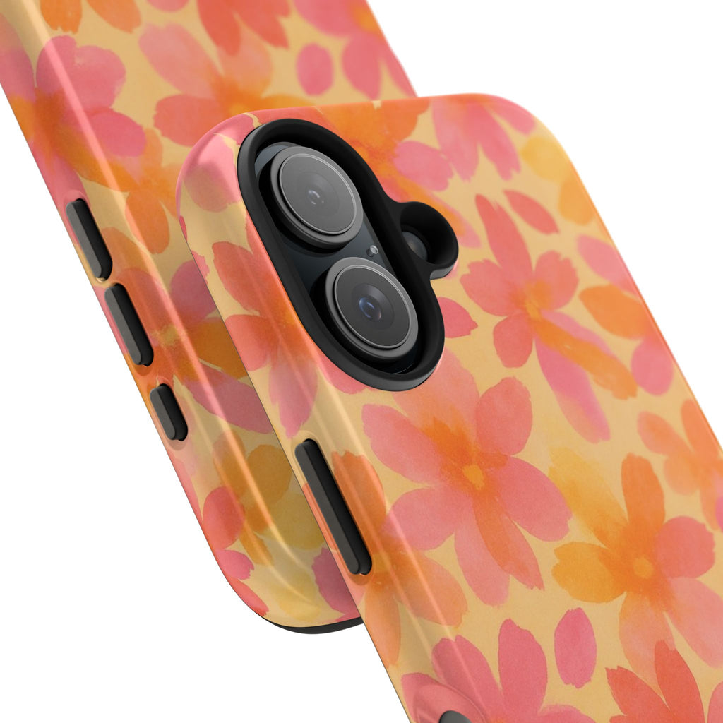 Floral Watercolor Tough Phone Case — Pink & Orange Bloom Protective Cover