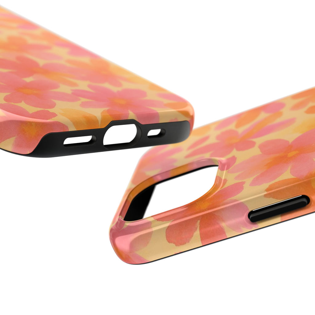 Floral Watercolor Tough Phone Case — Pink & Orange Bloom Protective Cover