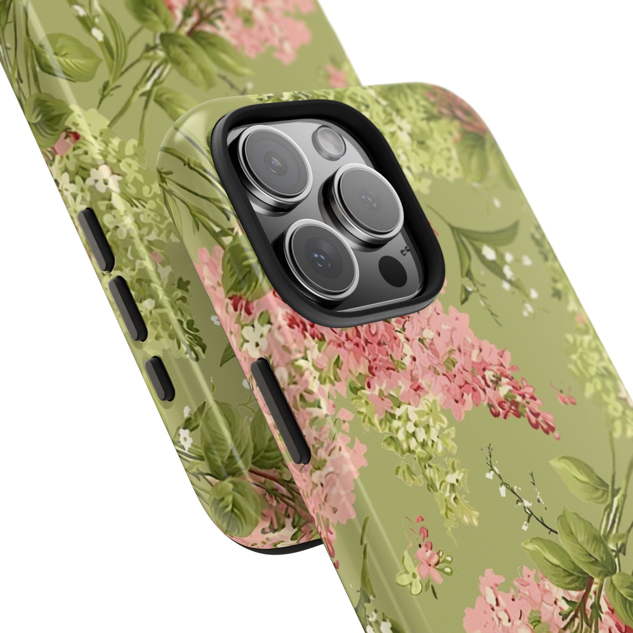 Floral Green Tough Phone Case — Vintage Pink Hydrangea Protective Phone Cover