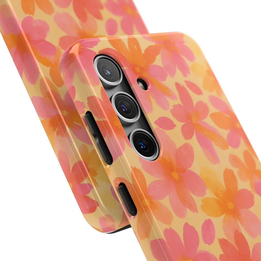 Floral Watercolor Tough Phone Case — Pink & Orange Bloom Protective Cover