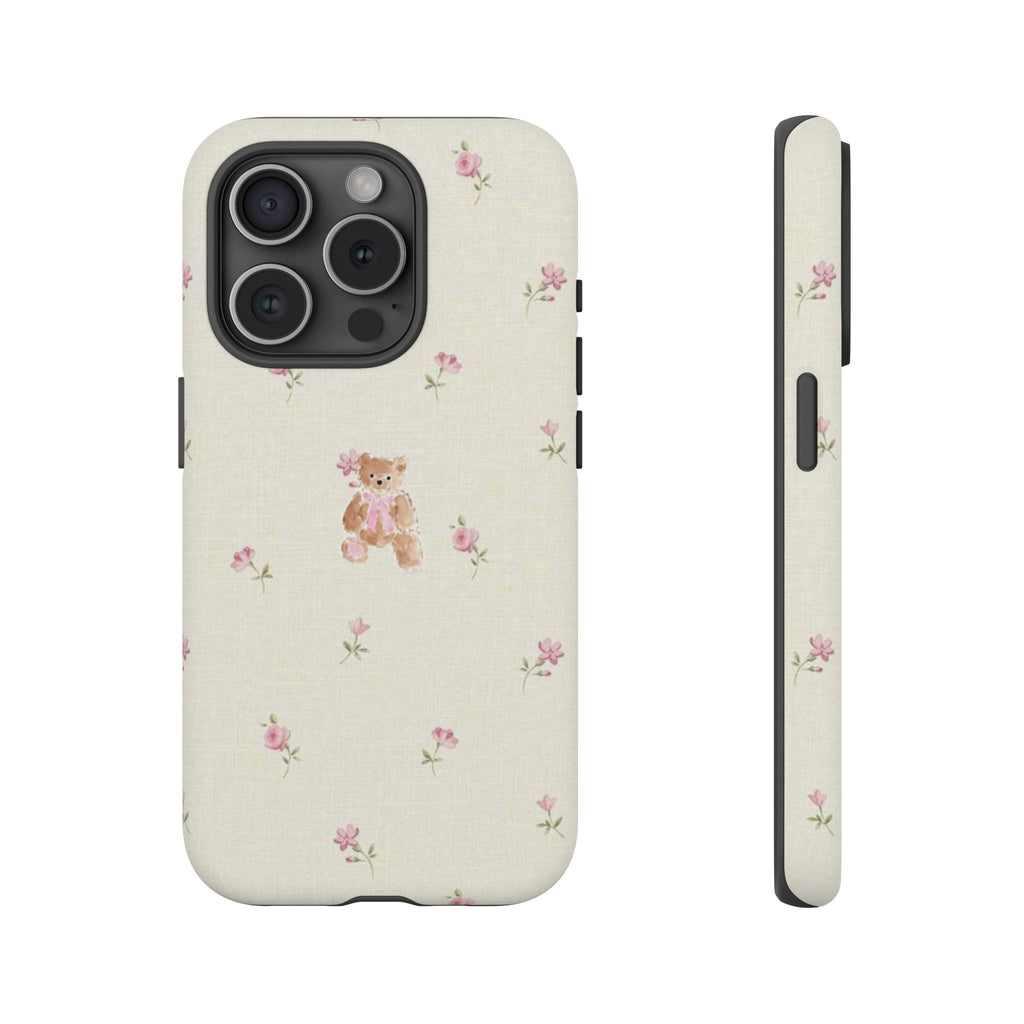 Teddy Floral Tough Phone Case — Cute Pastel Bear & Rose Pattern