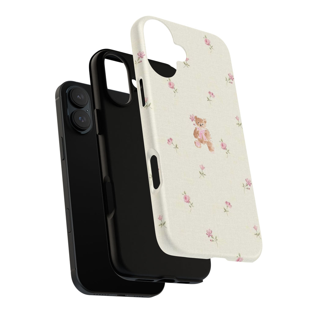 Teddy Floral Tough Phone Case — Cute Pastel Bear & Rose Pattern