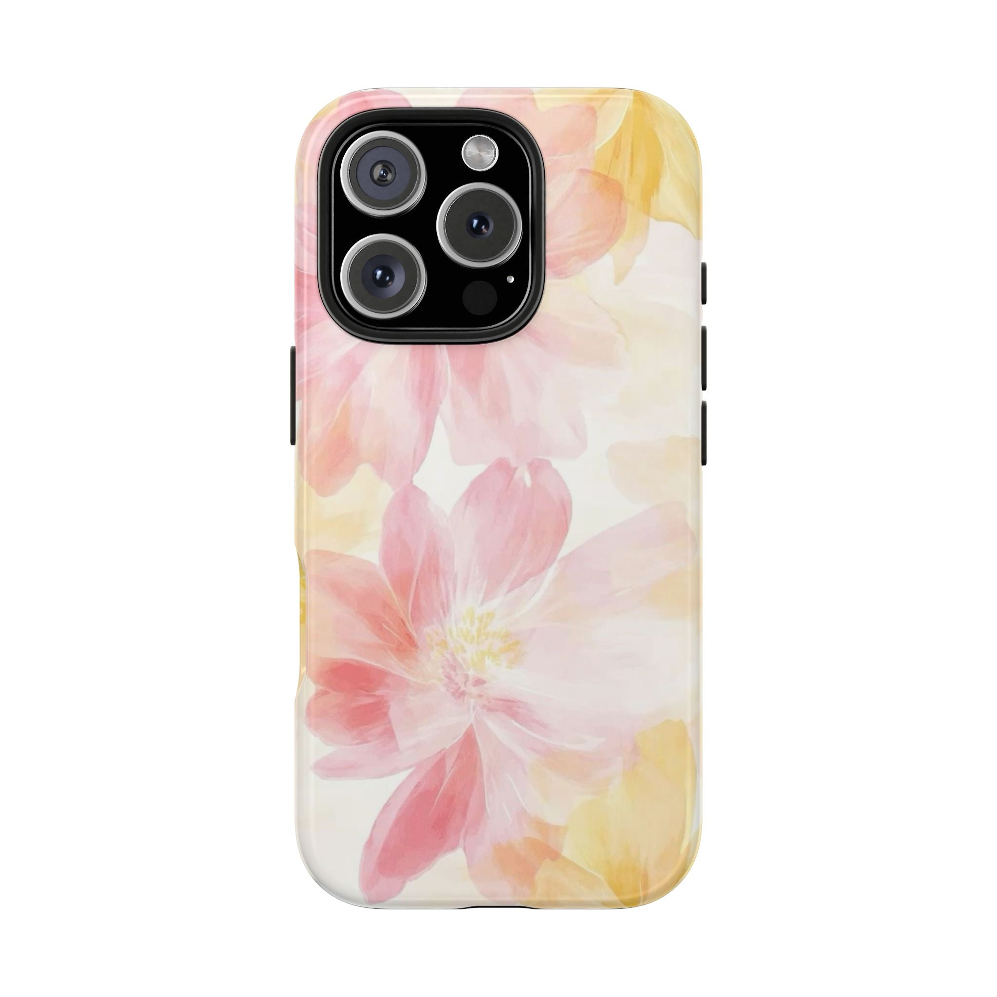Floral Watercolor Tough Phone Case — Pink & Yellow Bloom Protective Cover