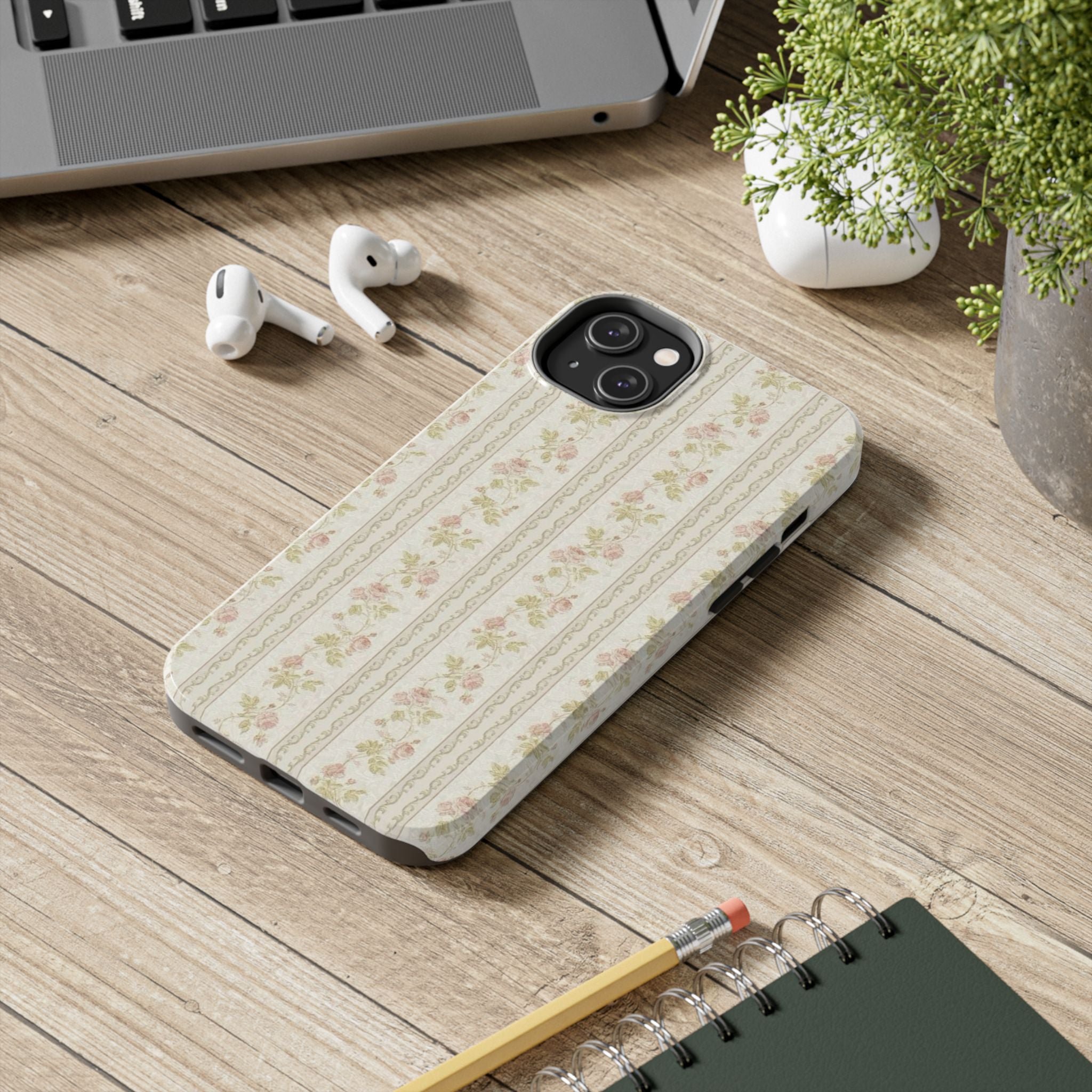 Vintage Floral Stripe Tough Phone Case — Shabby Chic Rose Protection