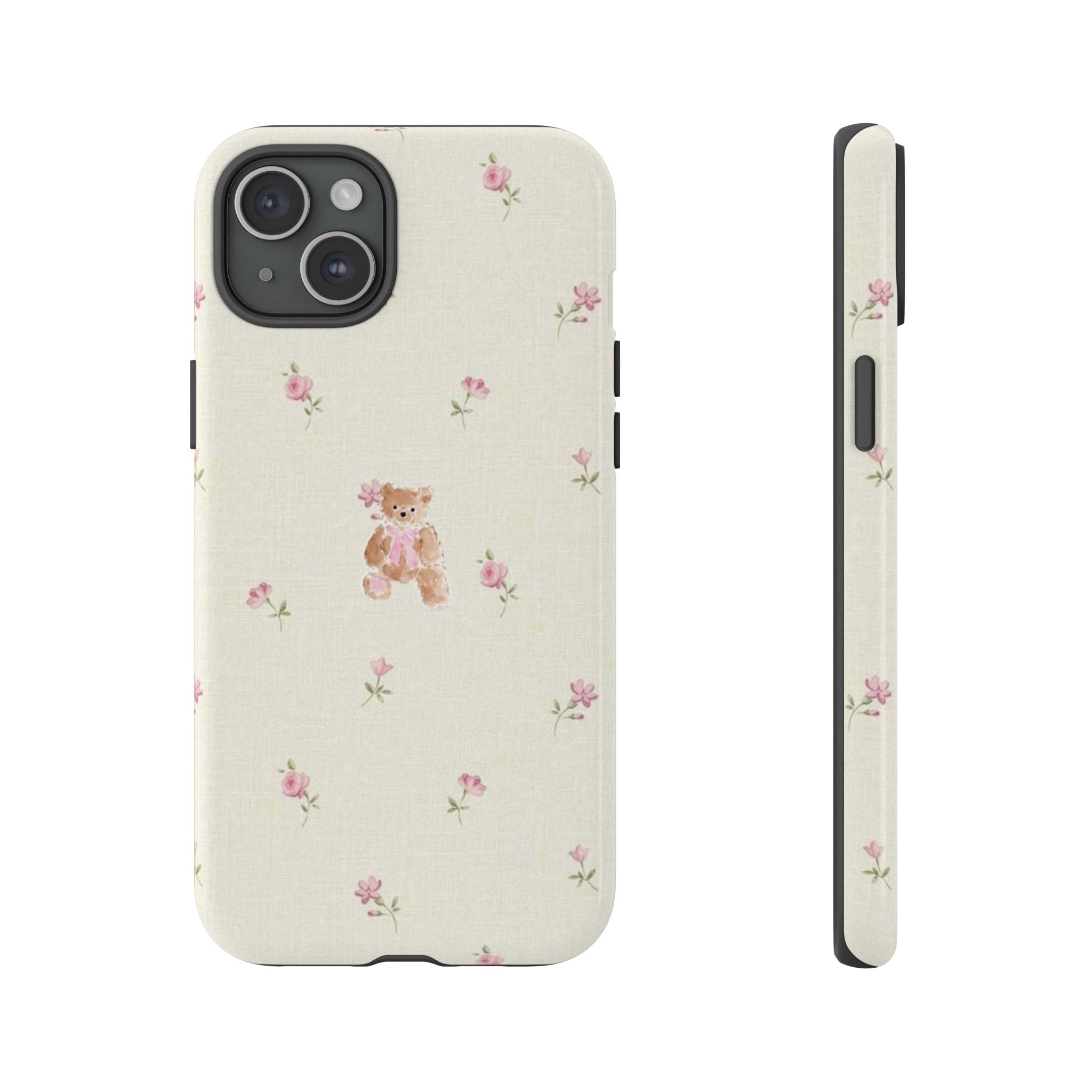 Teddy Floral Tough Phone Case — Cute Pastel Bear & Rose Pattern