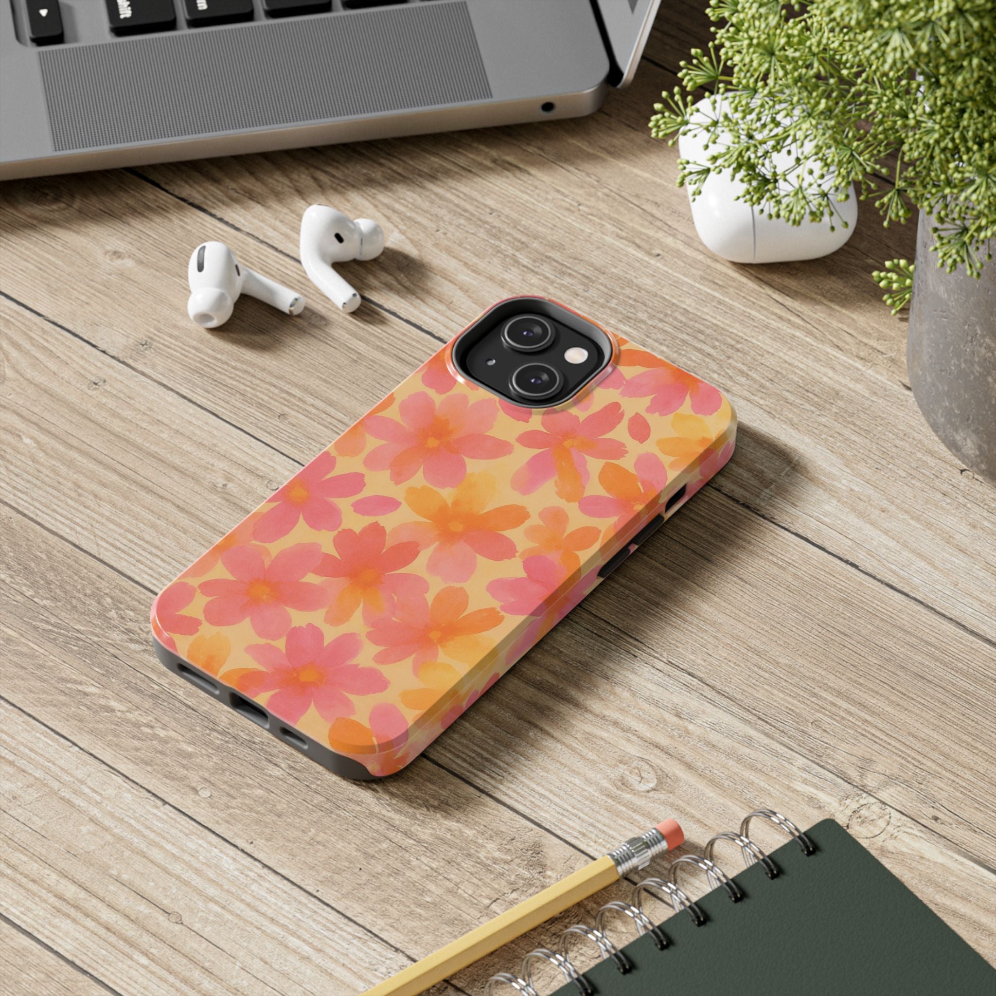 Floral Watercolor Tough Phone Case — Pink & Orange Bloom Protective Cover