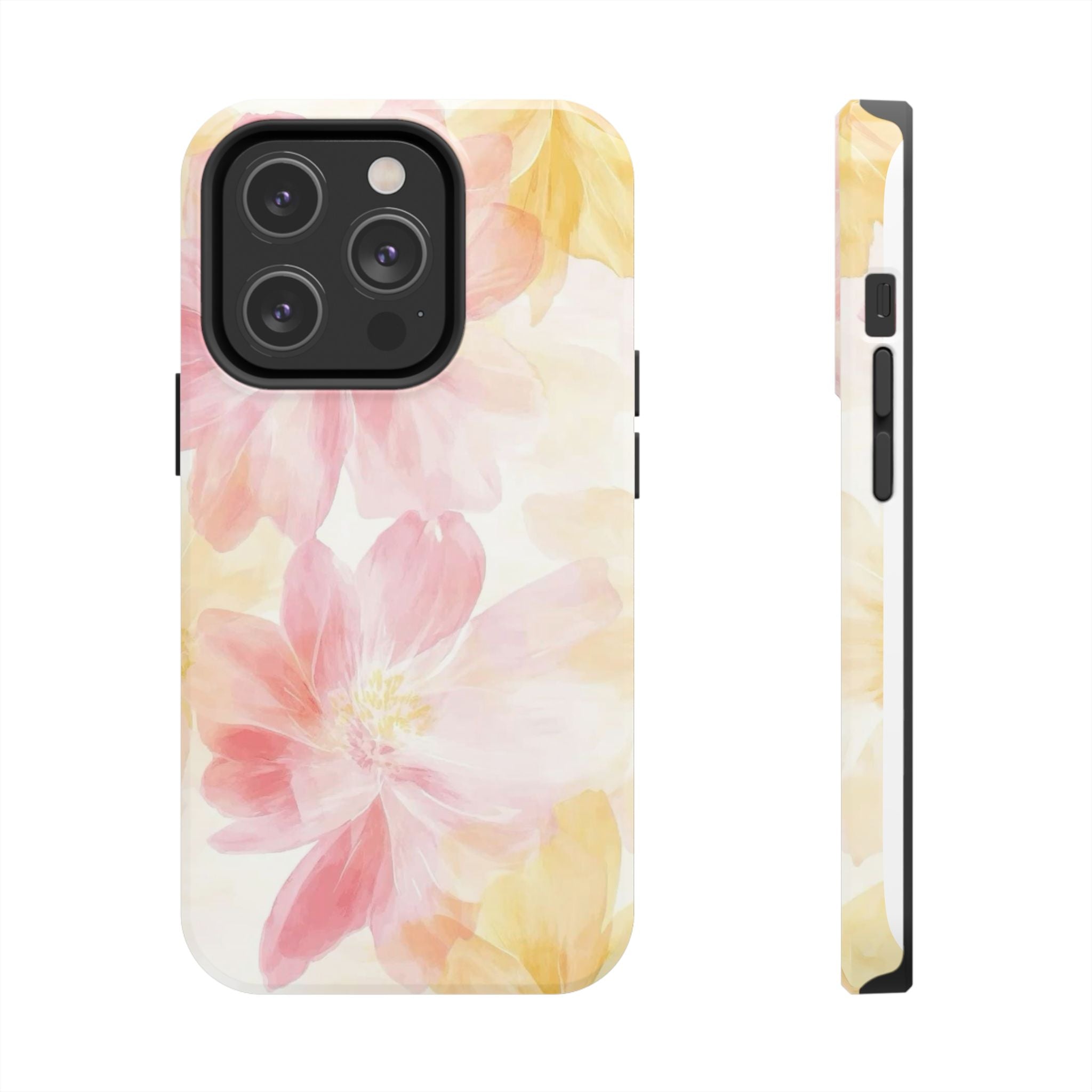 Floral Watercolor Tough Phone Case — Pink & Yellow Bloom Protective Cover