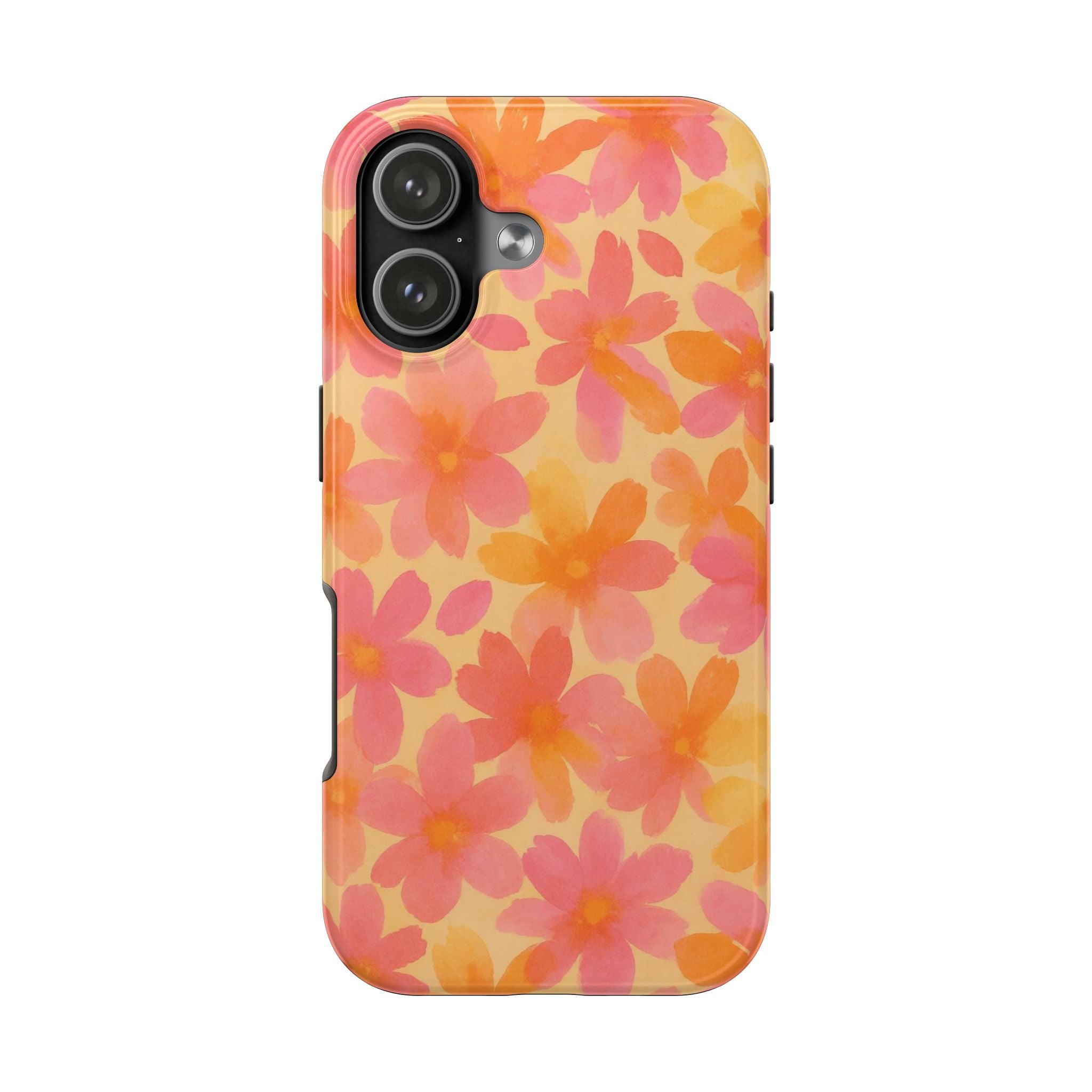 Floral Watercolor Tough Phone Case — Pink & Orange Bloom Protective Cover