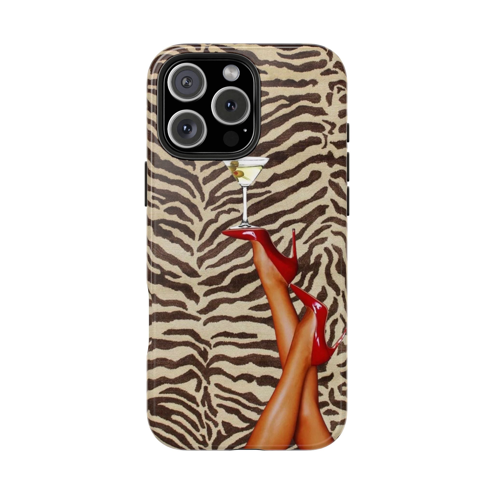 Zebra Glam Tough Phone Case — Martini & Red Heels Retro Style