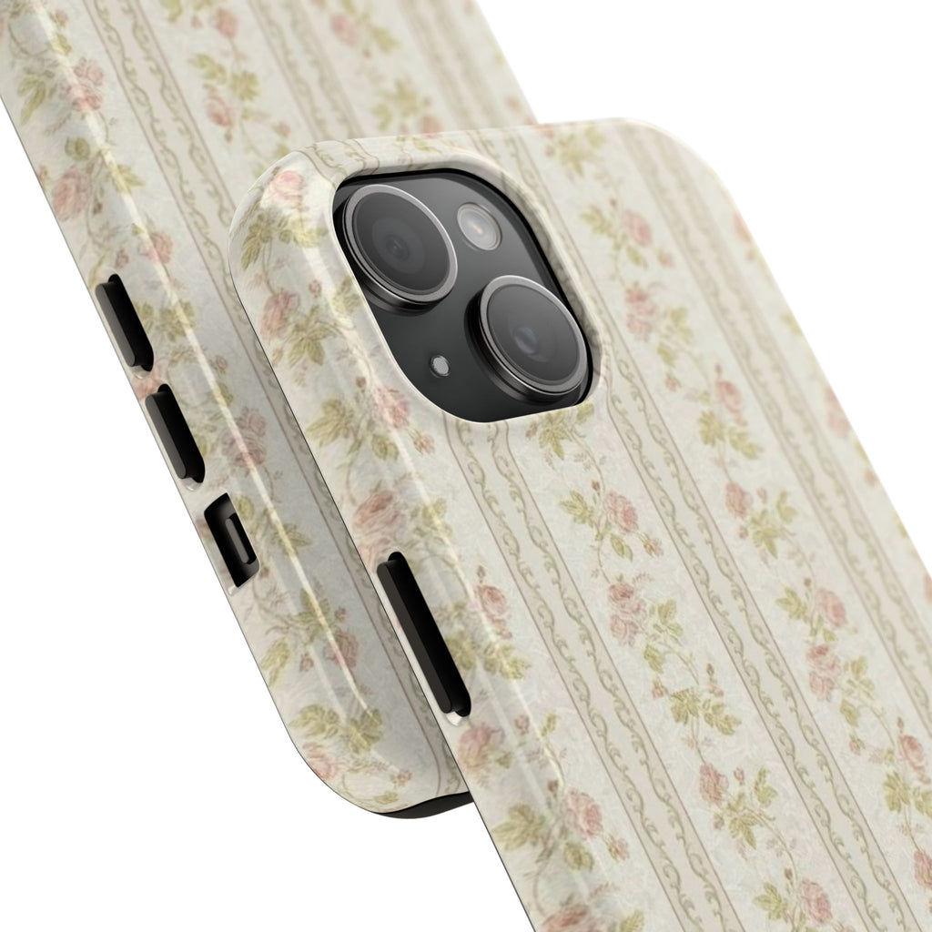 Vintage Floral Stripe Tough Phone Case — Shabby Chic Rose Protection