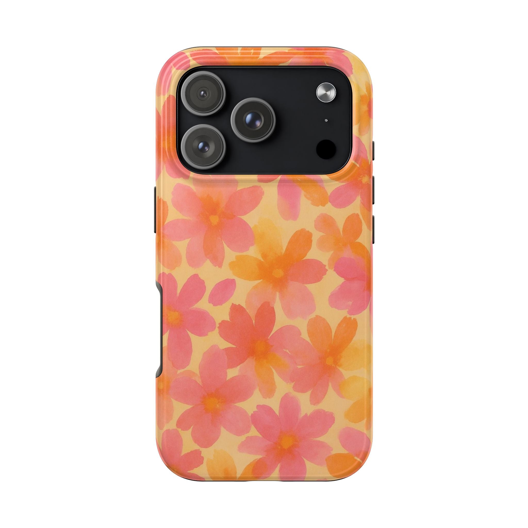 Floral Watercolor Tough Phone Case — Pink & Orange Bloom Protective Cover
