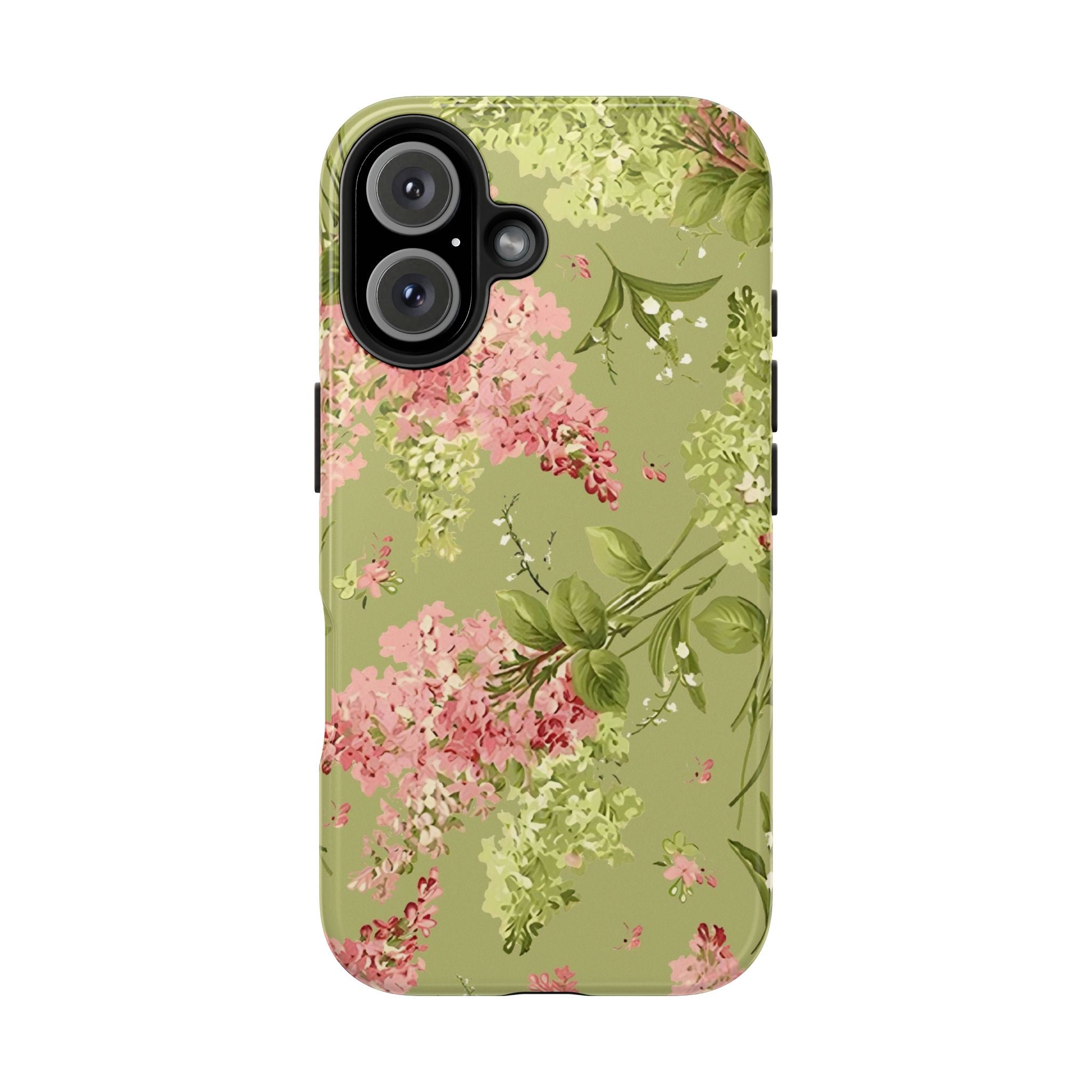 Floral Green Tough Phone Case — Vintage Pink Hydrangea Protective Phone Cover