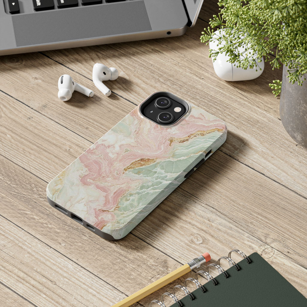 Pastel Marble Tough Phone Case – Protective iPhone Cover with Pink & Mint Swirl