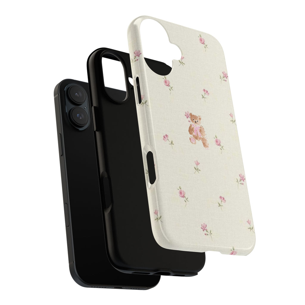 Teddy Floral Tough Phone Case — Cute Pastel Bear & Rose Pattern