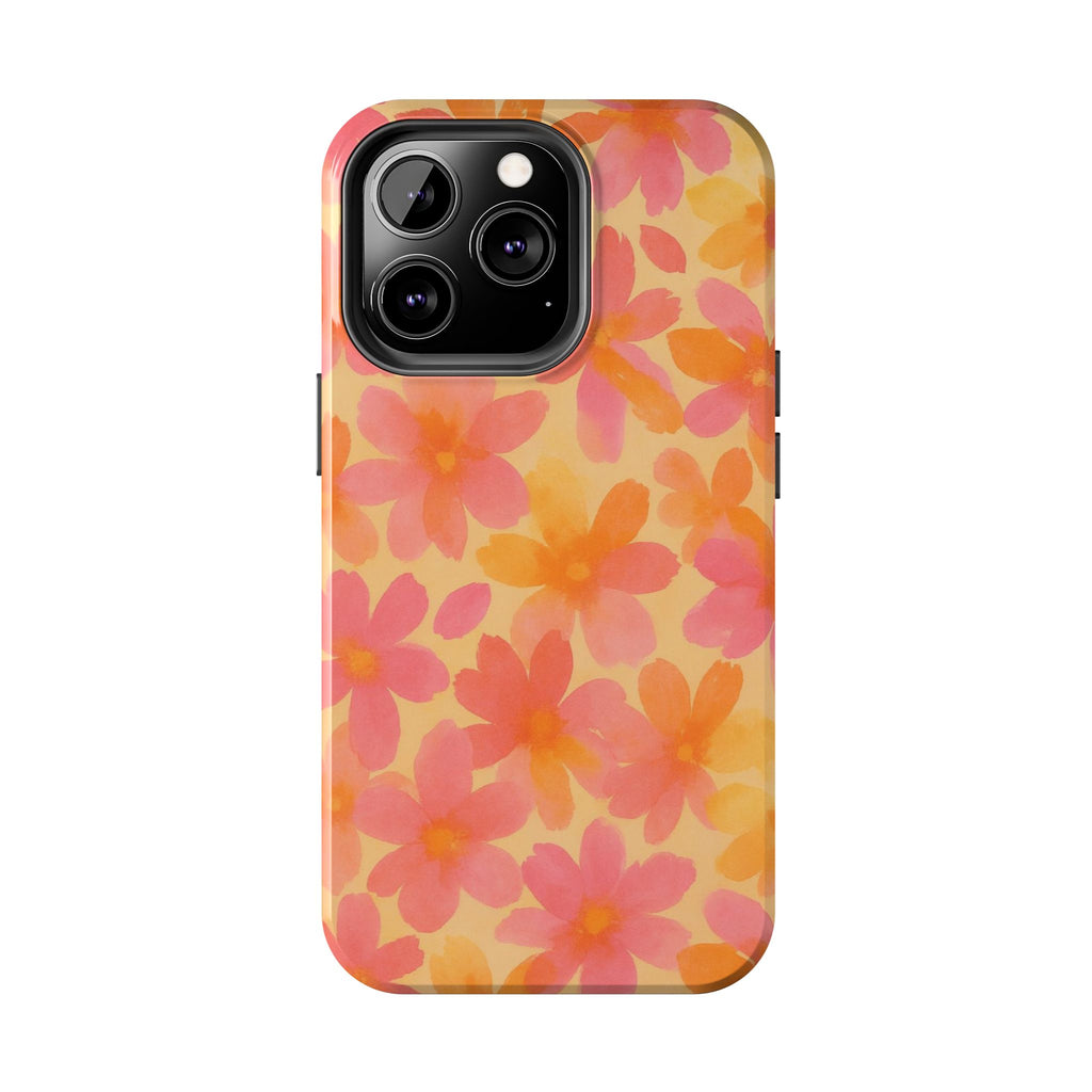 Floral Watercolor Tough Phone Case — Pink & Orange Bloom Protective Cover
