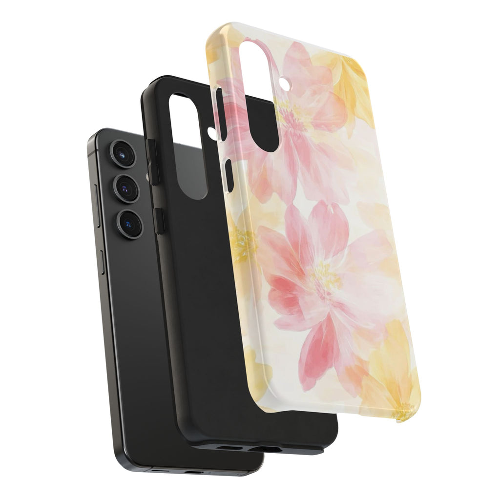 Floral Watercolor Tough Phone Case — Pink & Yellow Bloom Protective Cover