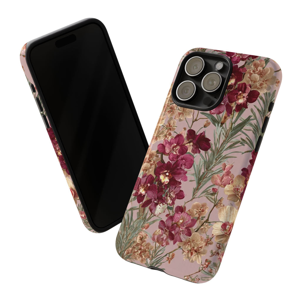 Floral Orchid Tough Phone Case — Vintage Pink Burgundy Protection