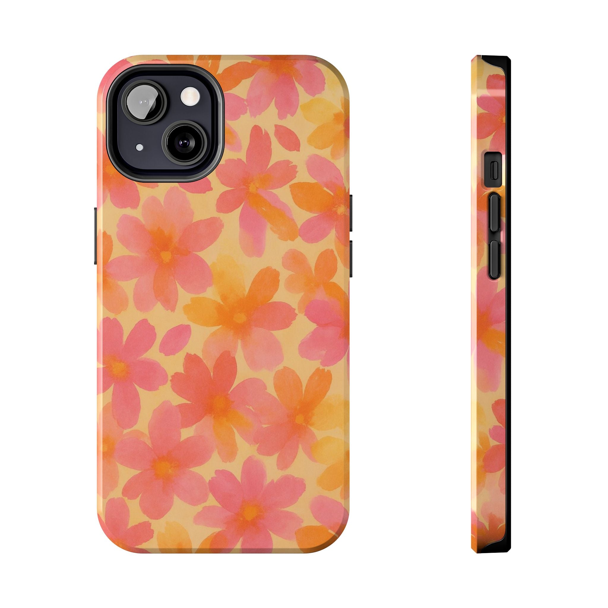 Floral Watercolor Tough Phone Case — Pink & Orange Bloom Protective Cover