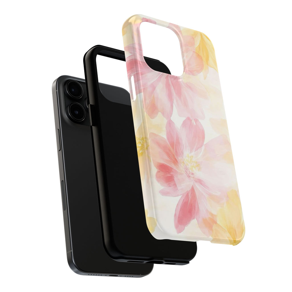 Floral Watercolor Tough Phone Case — Pink & Yellow Bloom Protective Cover