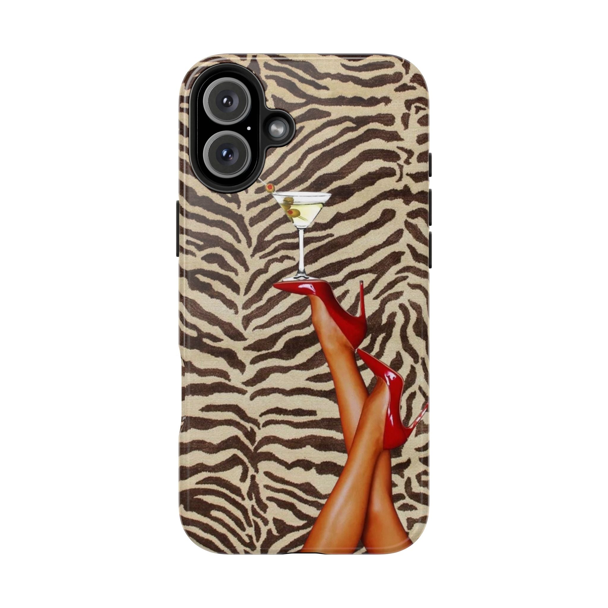 Zebra Glam Tough Phone Case — Martini & Red Heels Retro Style