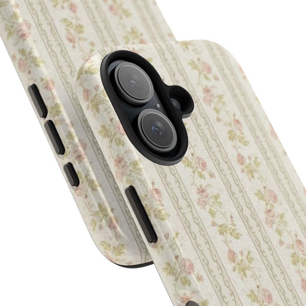 Vintage Floral Stripe Tough Phone Case — Shabby Chic Rose Protection