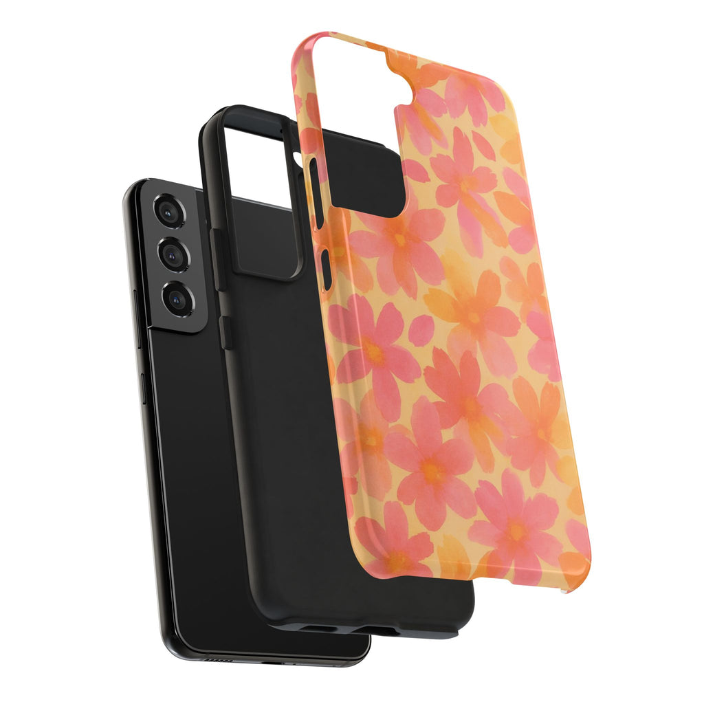 Floral Watercolor Tough Phone Case — Pink & Orange Bloom Protective Cover