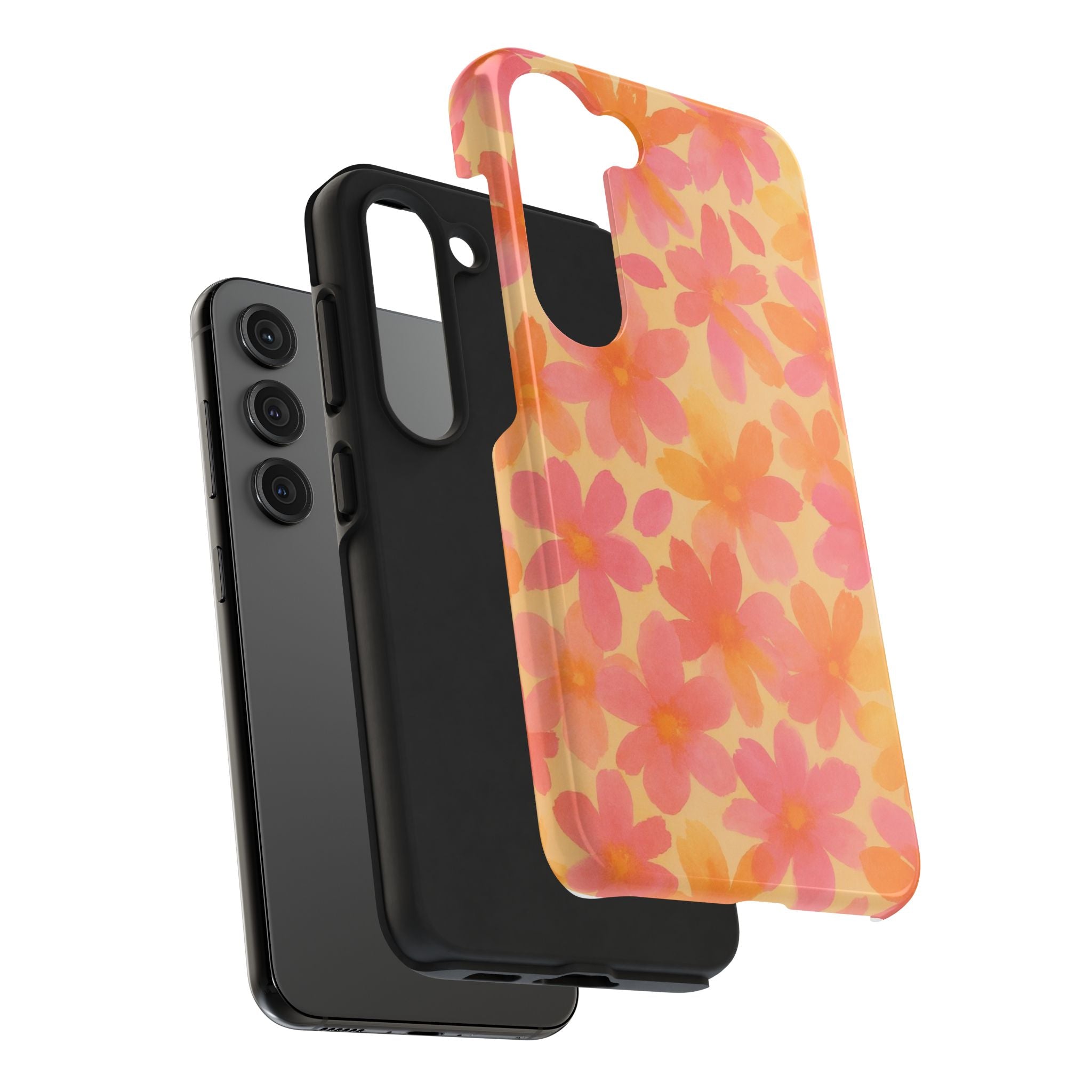 Floral Watercolor Tough Phone Case — Pink & Orange Bloom Protective Cover