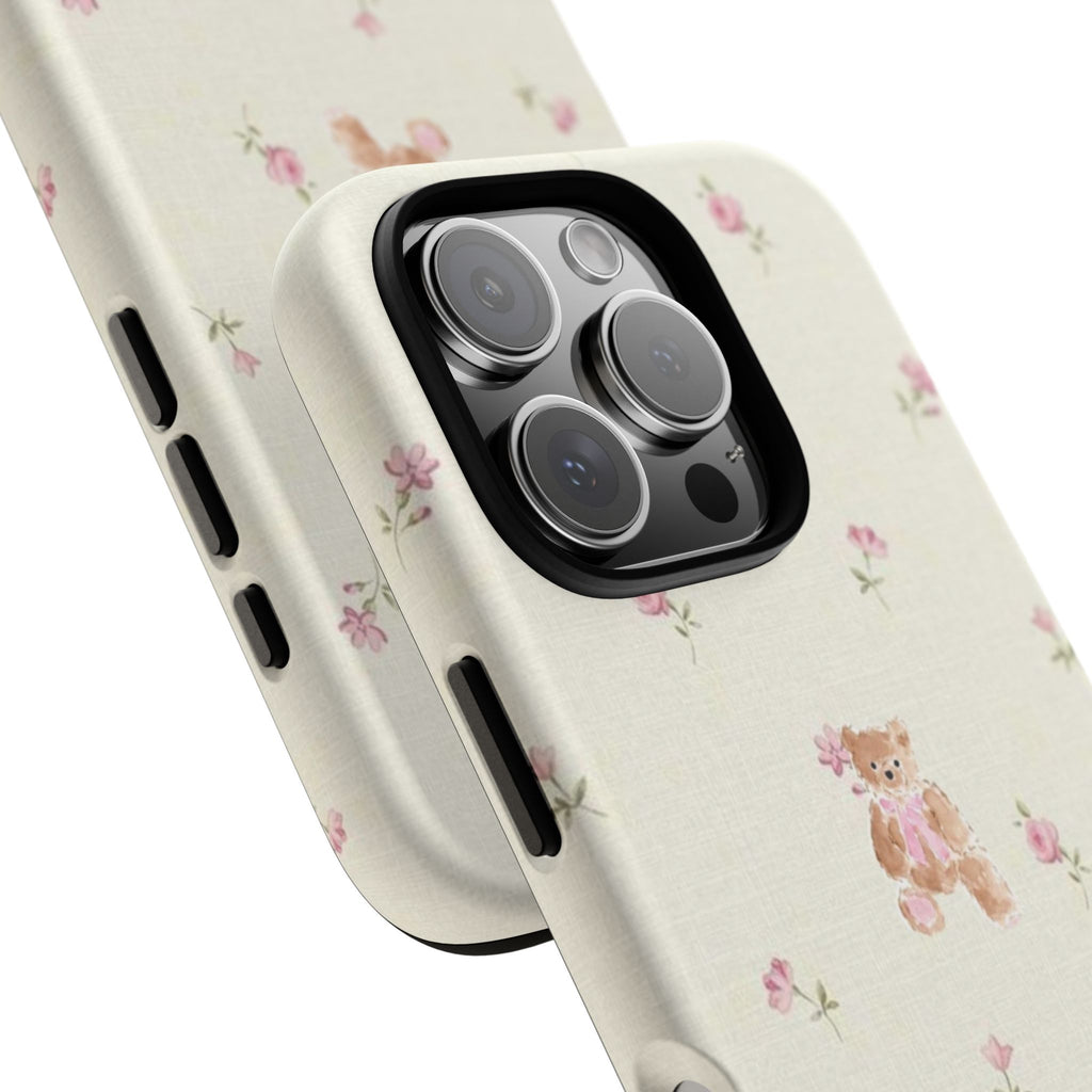 Teddy Floral Tough Phone Case — Cute Pastel Bear & Rose Pattern