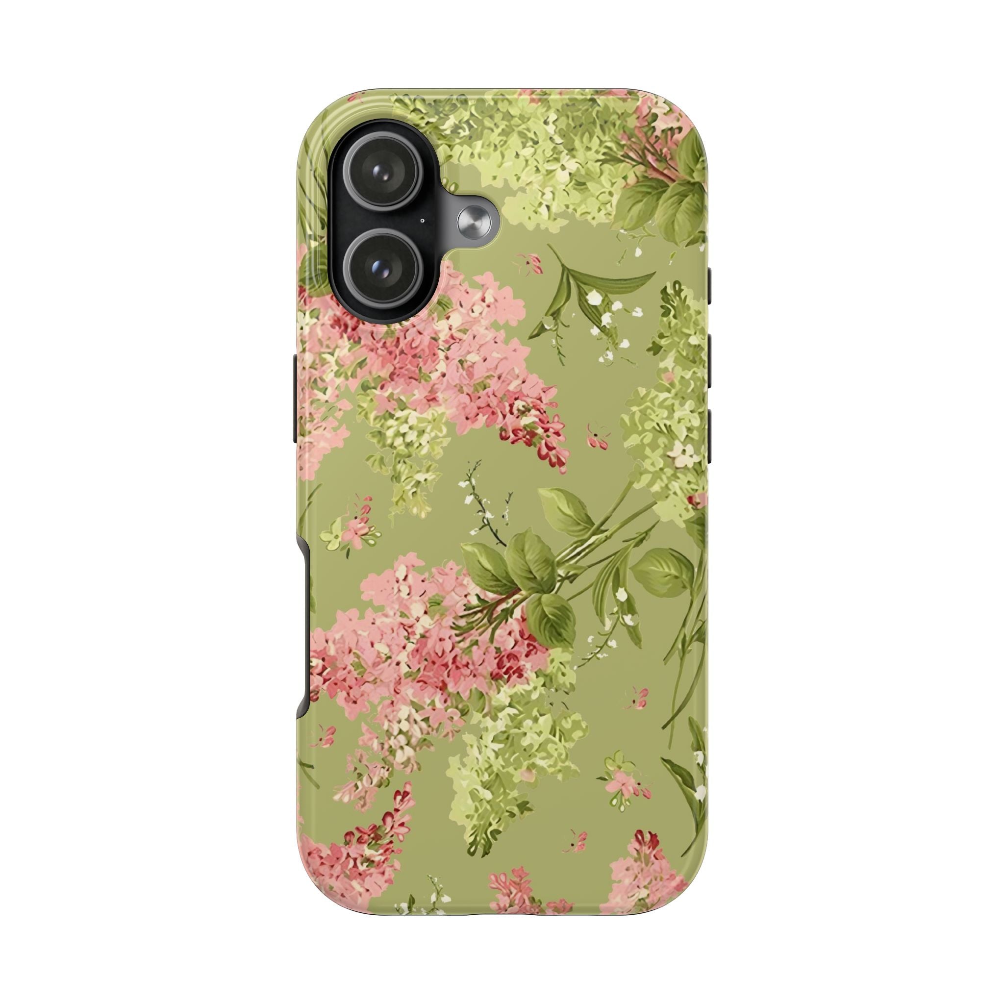 Floral Green Tough Phone Case — Vintage Pink Hydrangea Protective Phone Cover