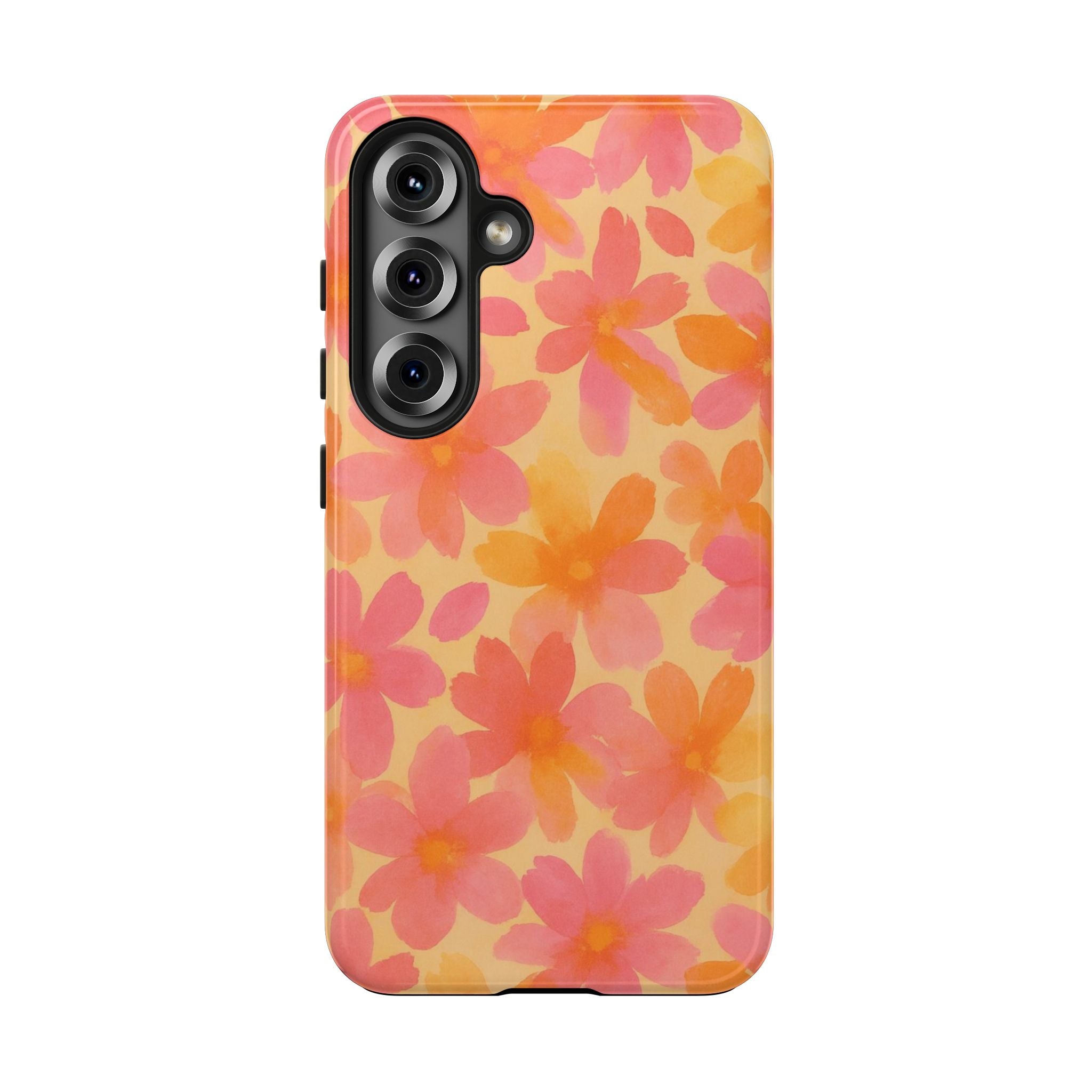 Floral Watercolor Tough Phone Case — Pink & Orange Bloom Protective Cover