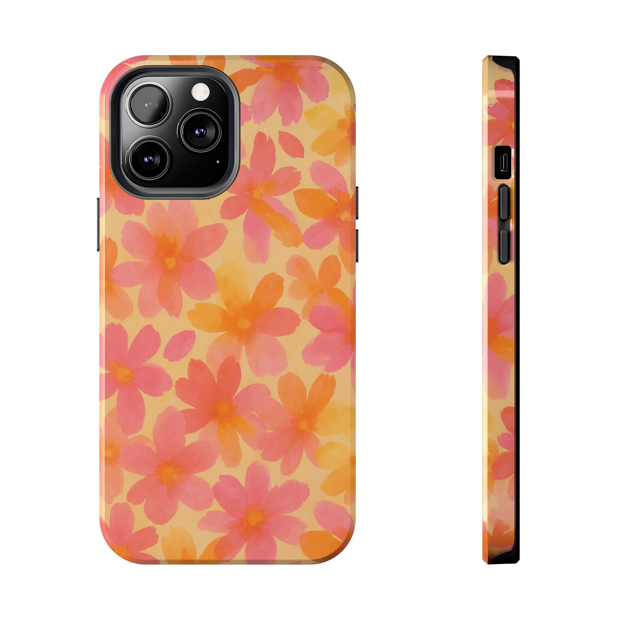 Floral Watercolor Tough Phone Case — Pink & Orange Bloom Protective Cover