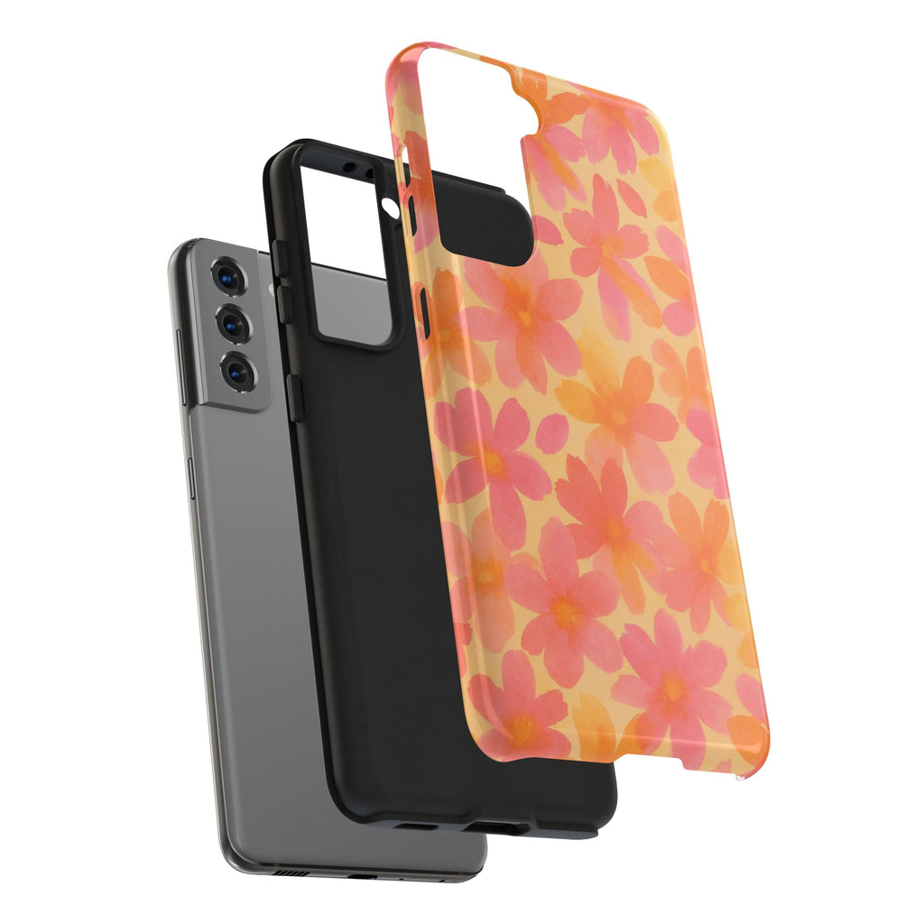 Floral Watercolor Tough Phone Case — Pink & Orange Bloom Protective Cover