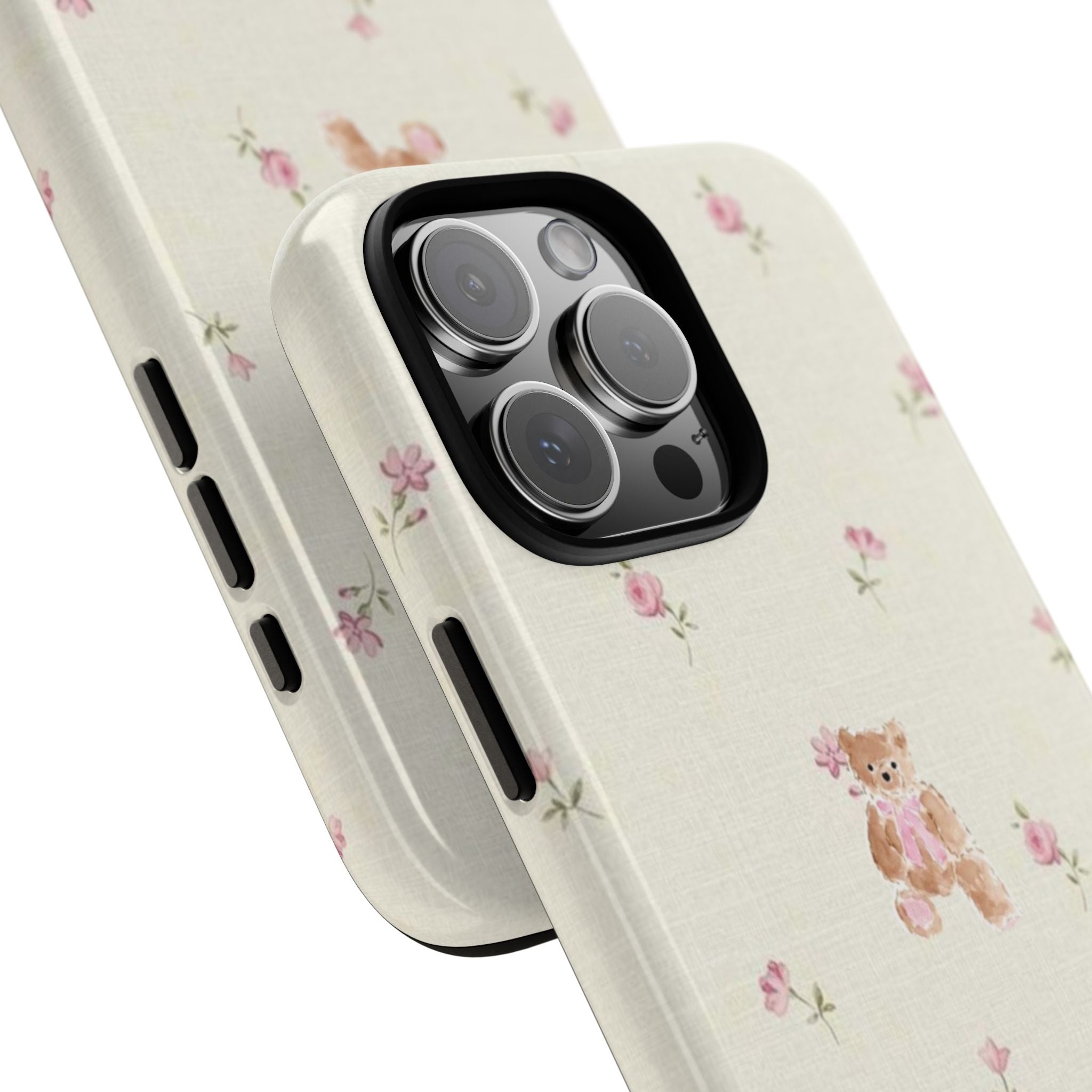 Teddy Floral Tough Phone Case — Cute Pastel Bear & Rose Pattern