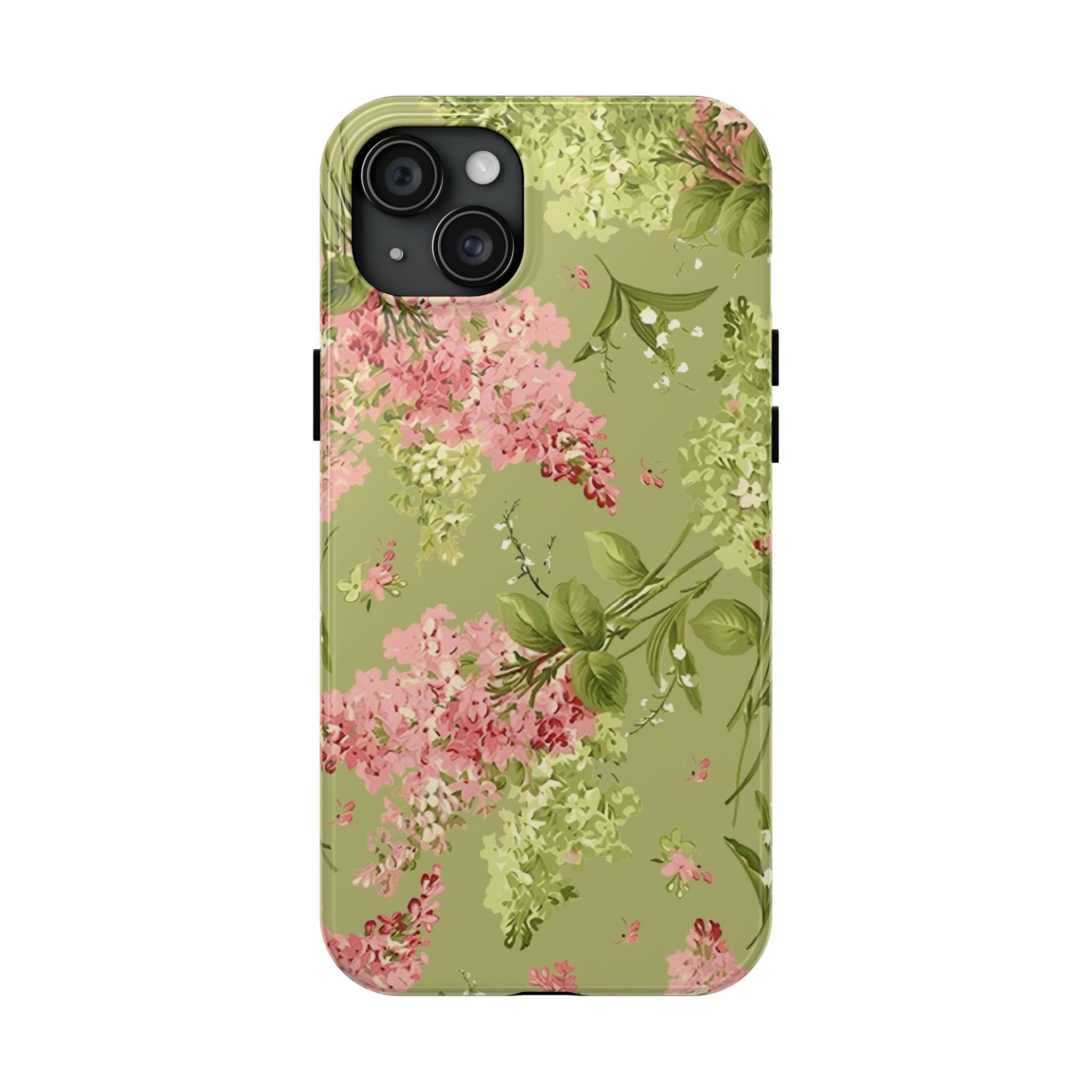 Floral Green Tough Phone Case — Vintage Pink Hydrangea Protective Phone Cover