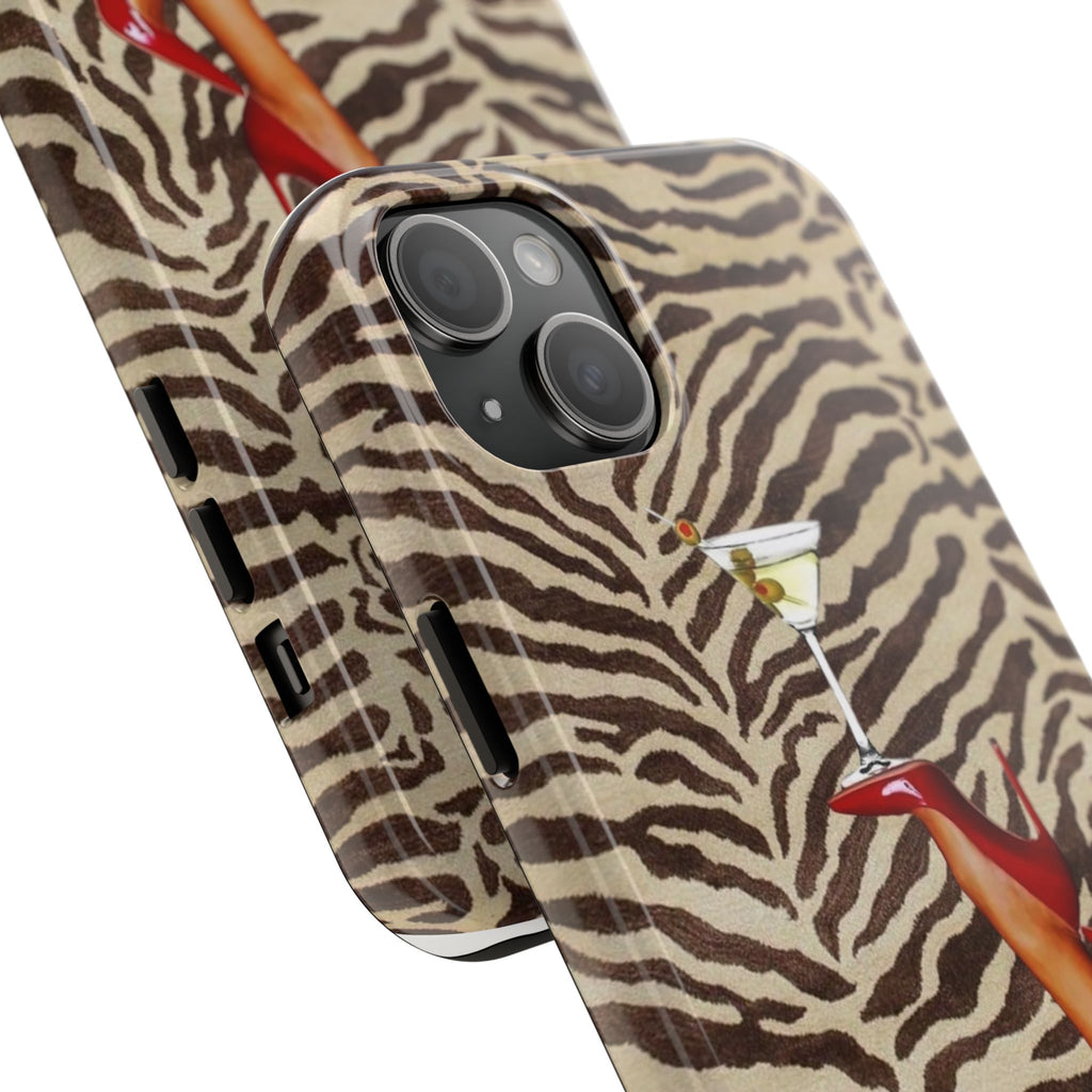 Zebra Glam Tough Phone Case — Martini & Red Heels Retro Style