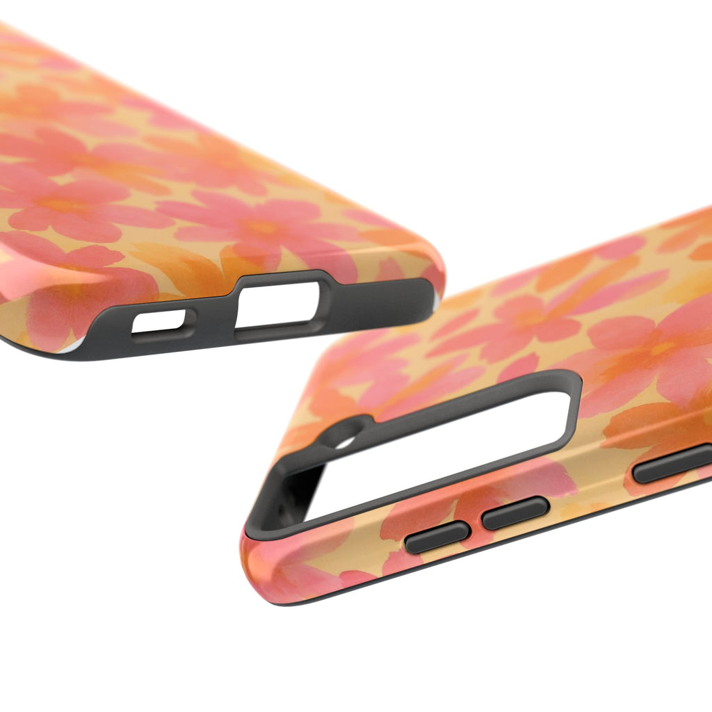 Floral Watercolor Tough Phone Case — Pink & Orange Bloom Protective Cover