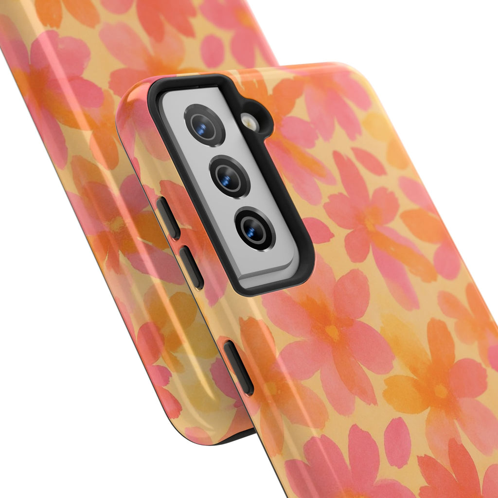 Floral Watercolor Tough Phone Case — Pink & Orange Bloom Protective Cover
