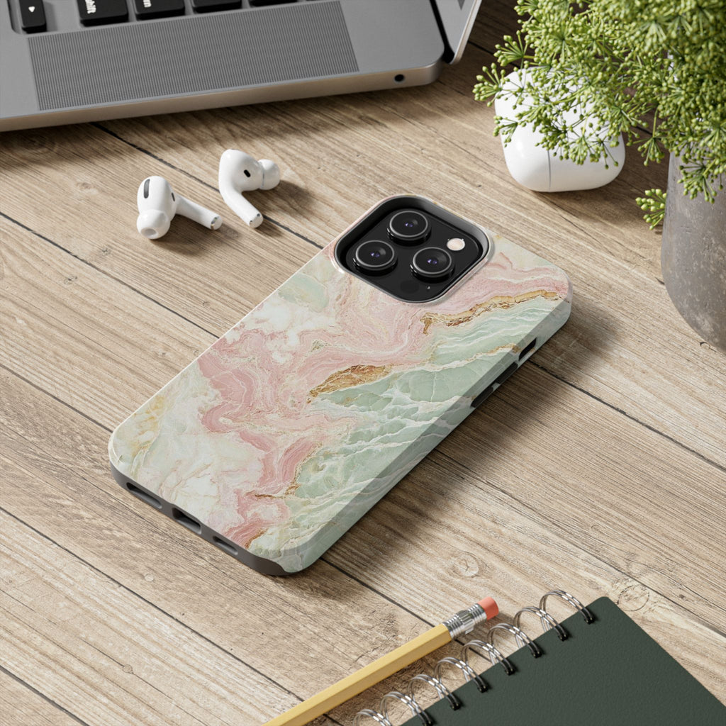 Pastel Marble Tough Phone Case – Protective iPhone Cover with Pink & Mint Swirl