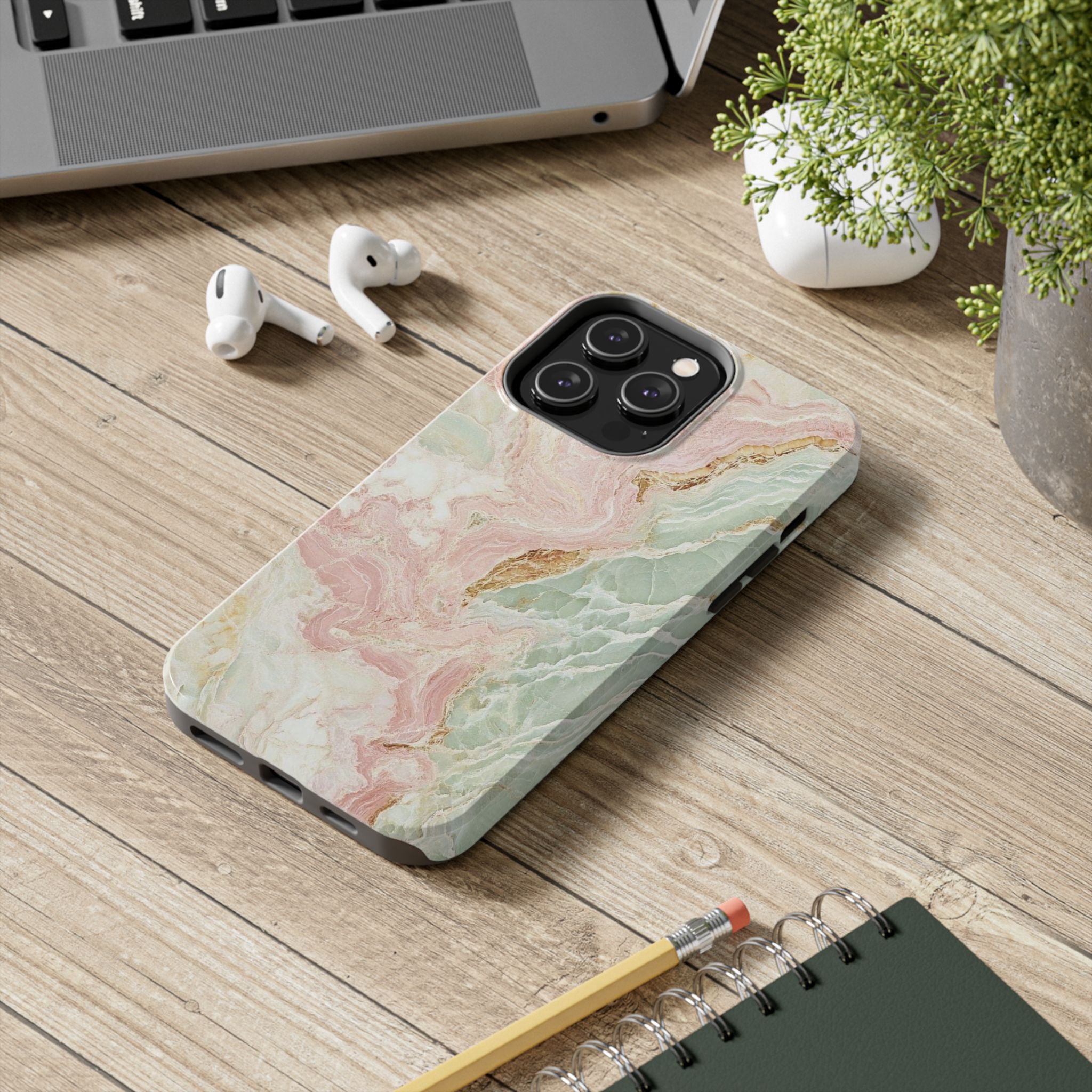 Pastel Marble Tough Phone Case – Protective iPhone Cover with Pink & Mint Swirl