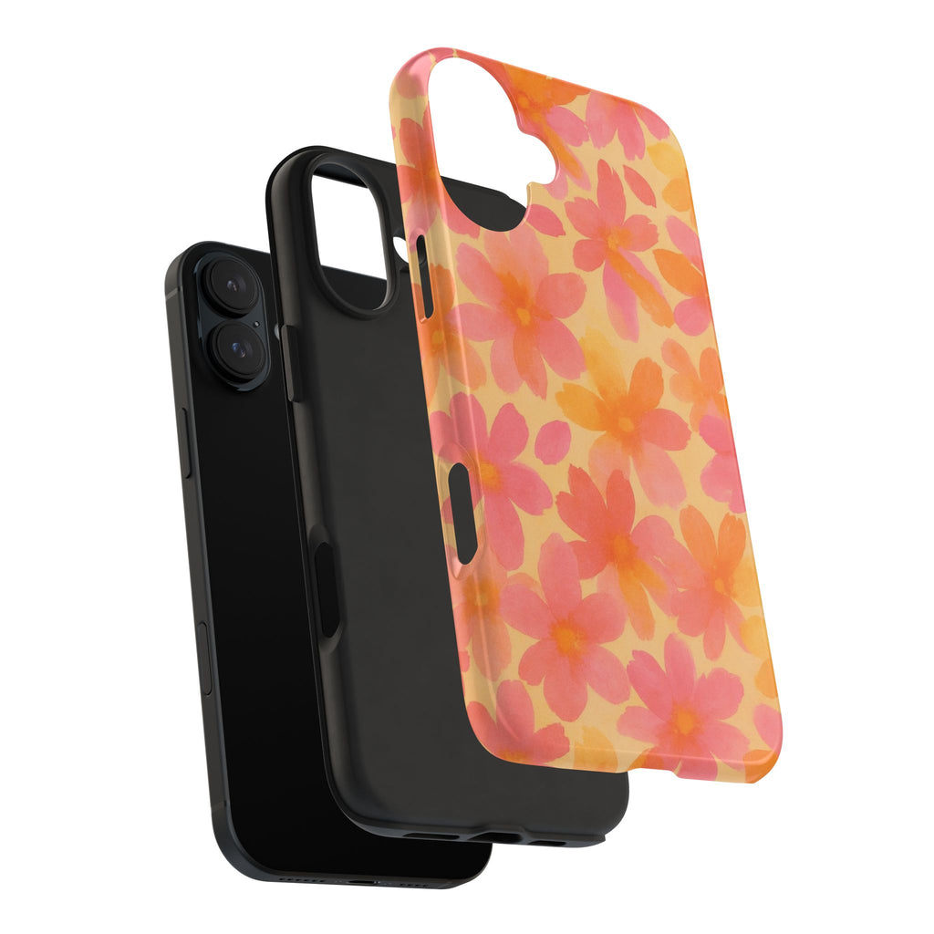 Floral Watercolor Tough Phone Case — Pink & Orange Bloom Protective Cover