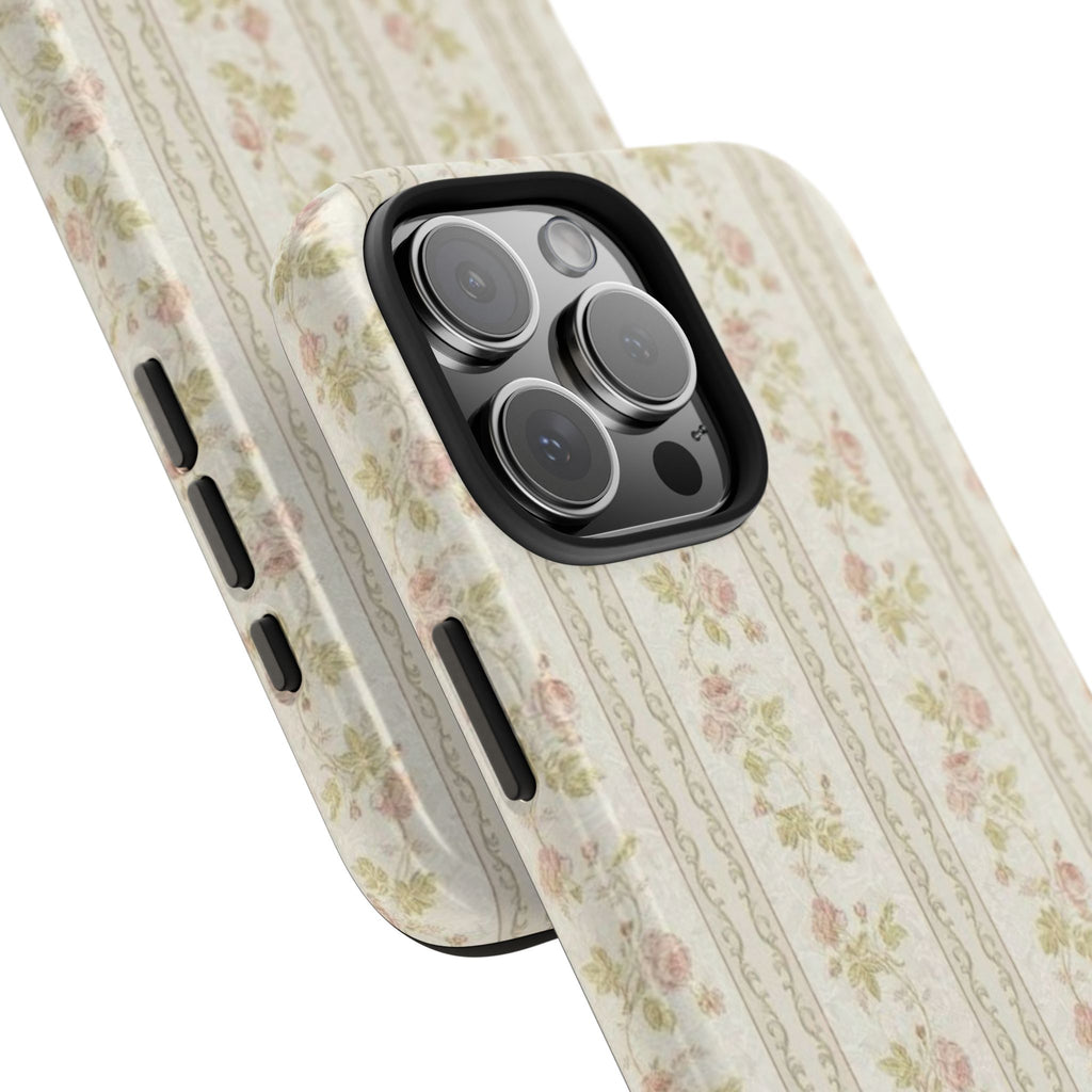 Vintage Floral Stripe Tough Phone Case — Shabby Chic Rose Protection