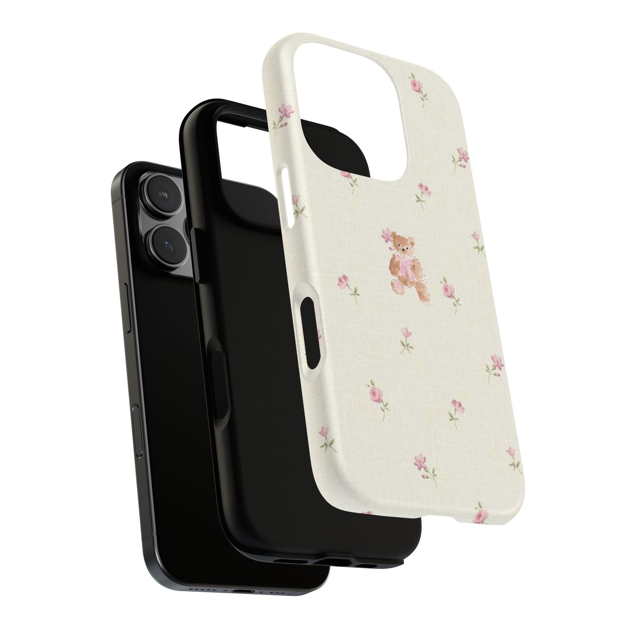 Teddy Floral Tough Phone Case — Cute Pastel Bear & Rose Pattern