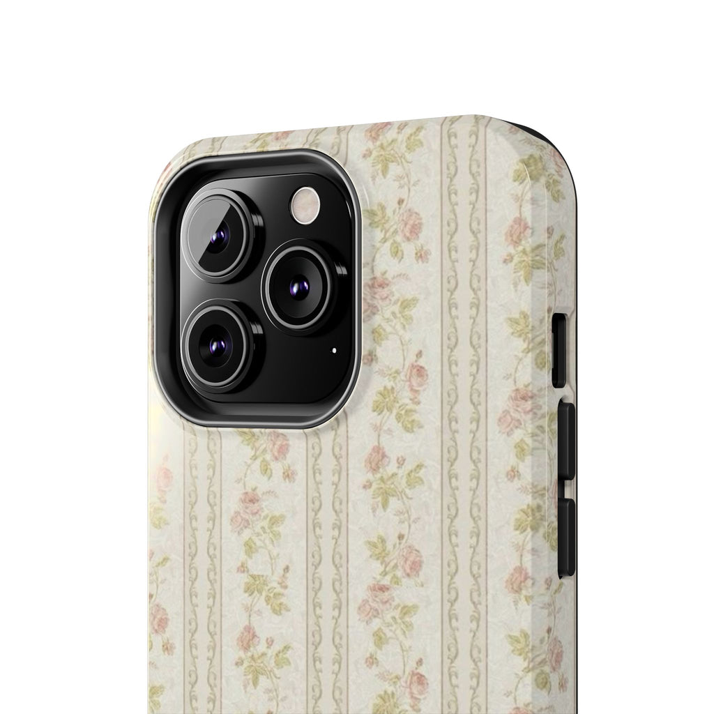 Vintage Floral Stripe Tough Phone Case — Shabby Chic Rose Protection