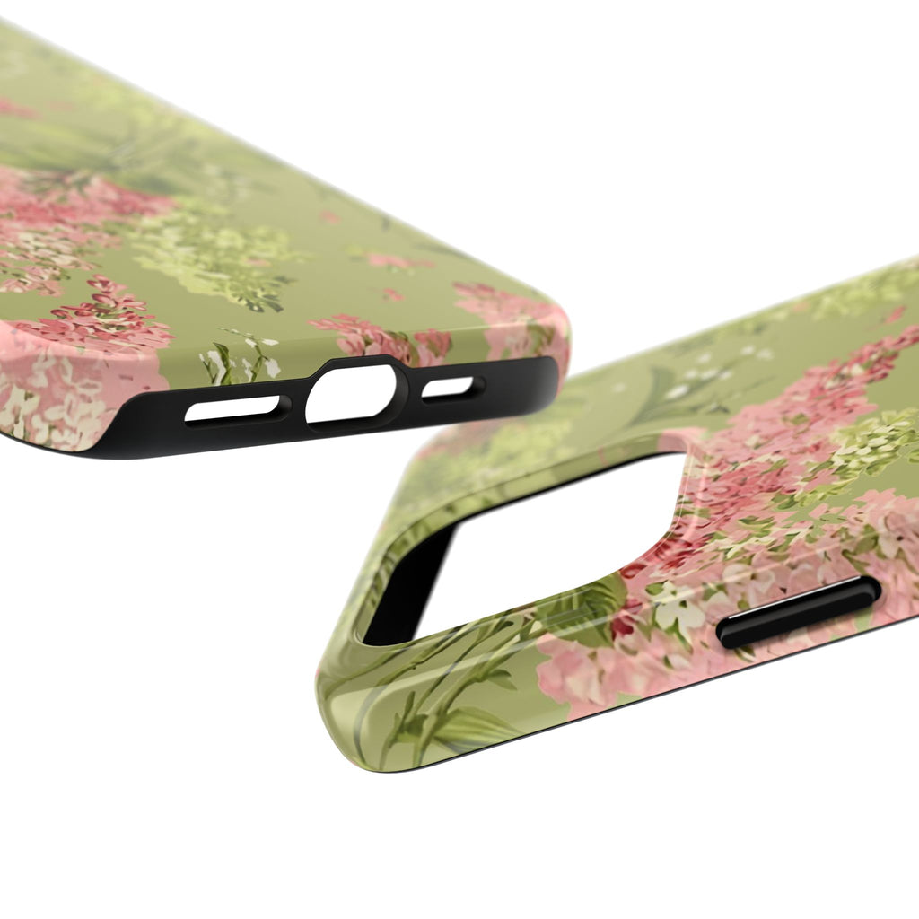 Floral Green Tough Phone Case — Vintage Pink Hydrangea Protective Phone Cover