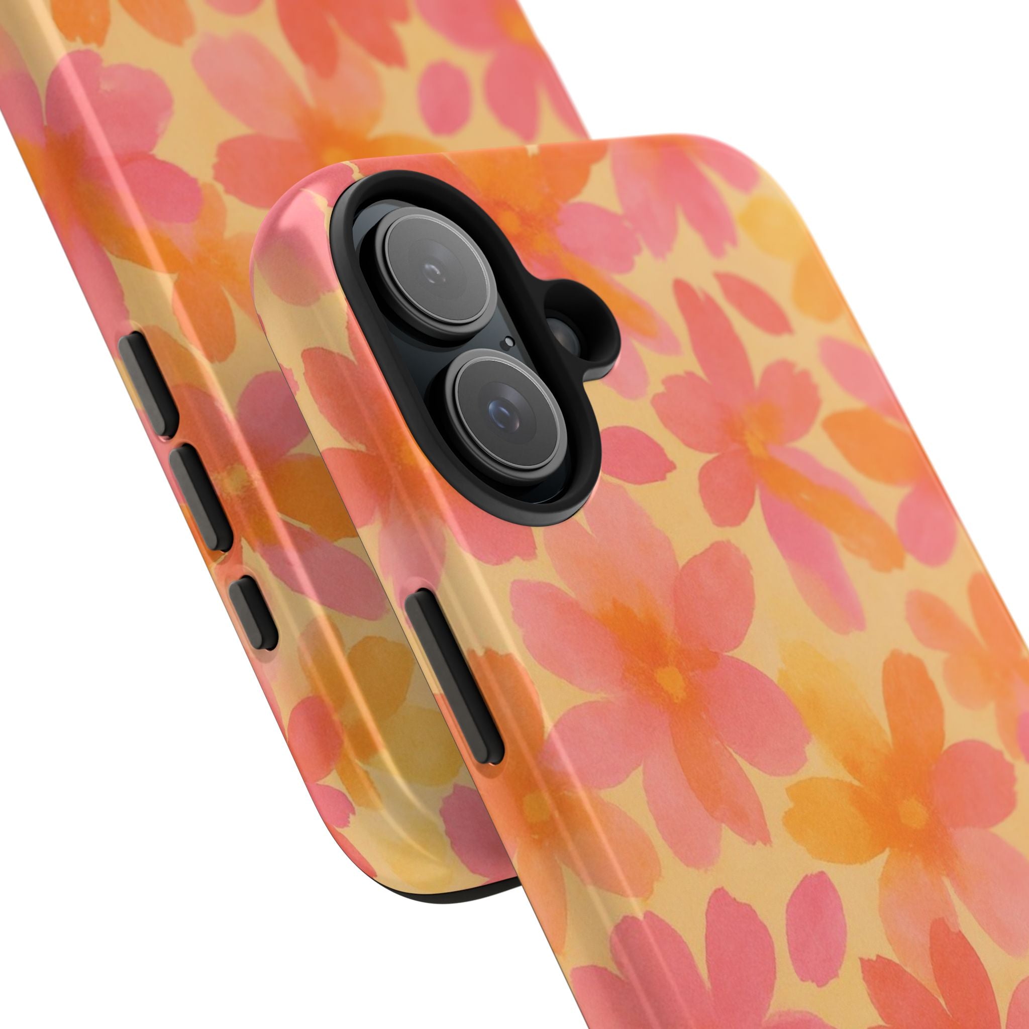 Floral Watercolor Tough Phone Case — Pink & Orange Bloom Protective Cover