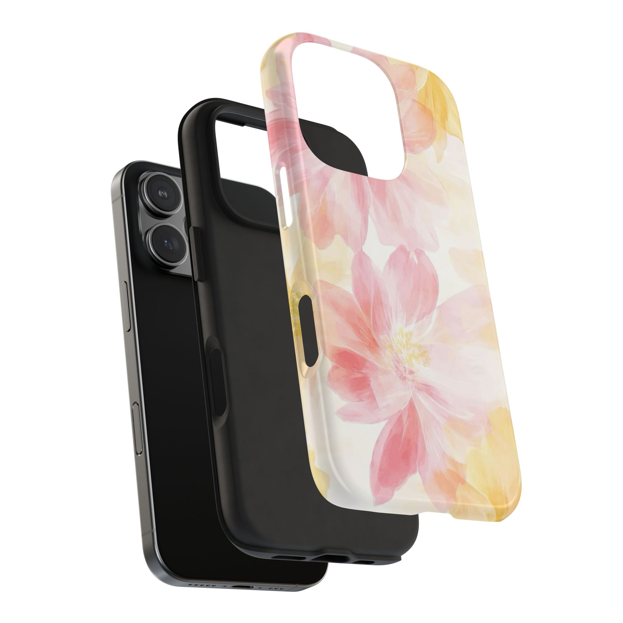 Floral Watercolor Tough Phone Case — Pink & Yellow Bloom Protective Cover