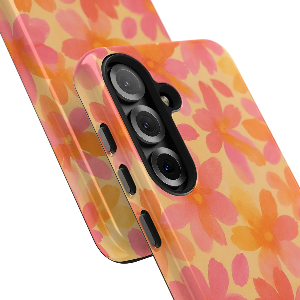 Floral Watercolor Tough Phone Case — Pink & Orange Bloom Protective Cover