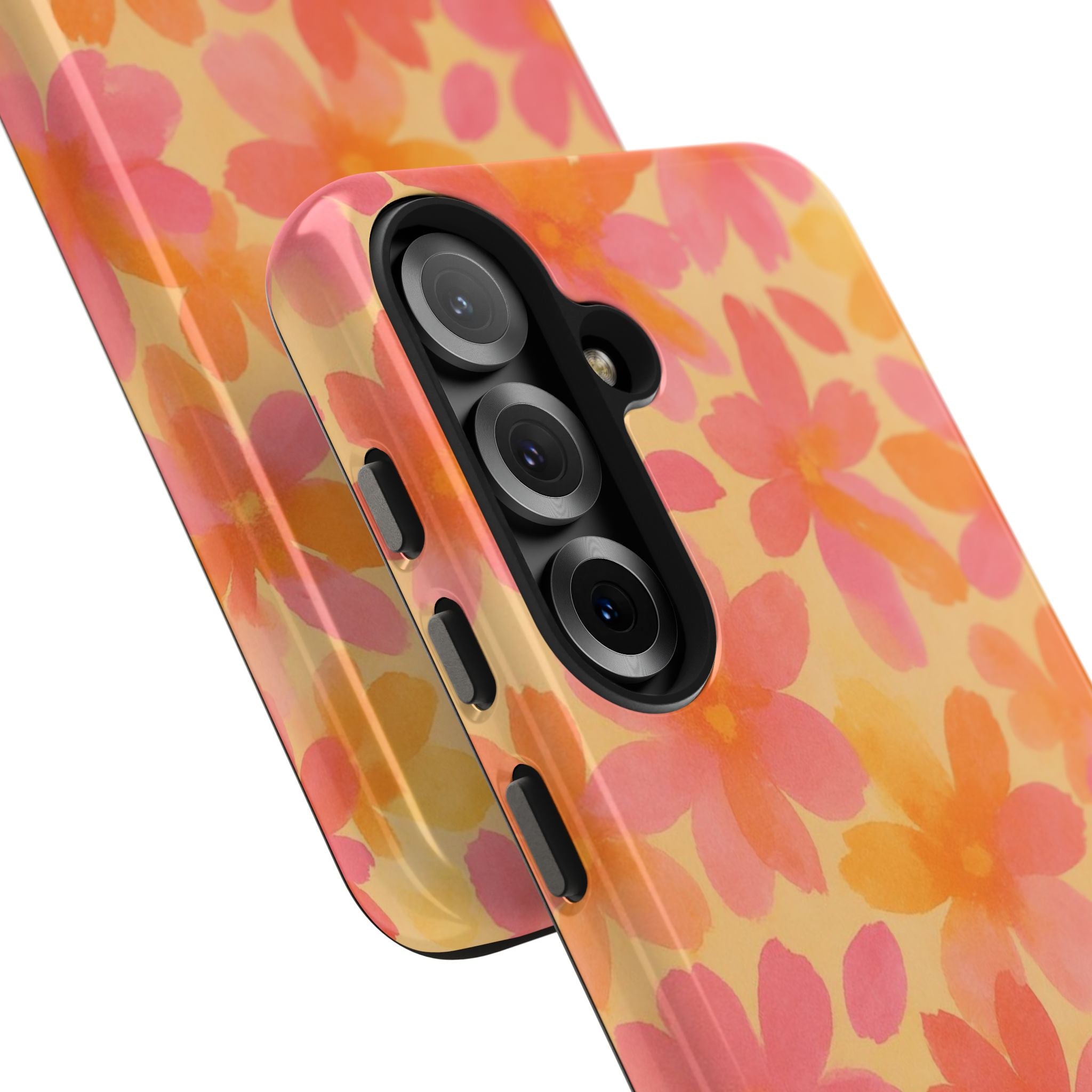 Floral Watercolor Tough Phone Case — Pink & Orange Bloom Protective Cover
