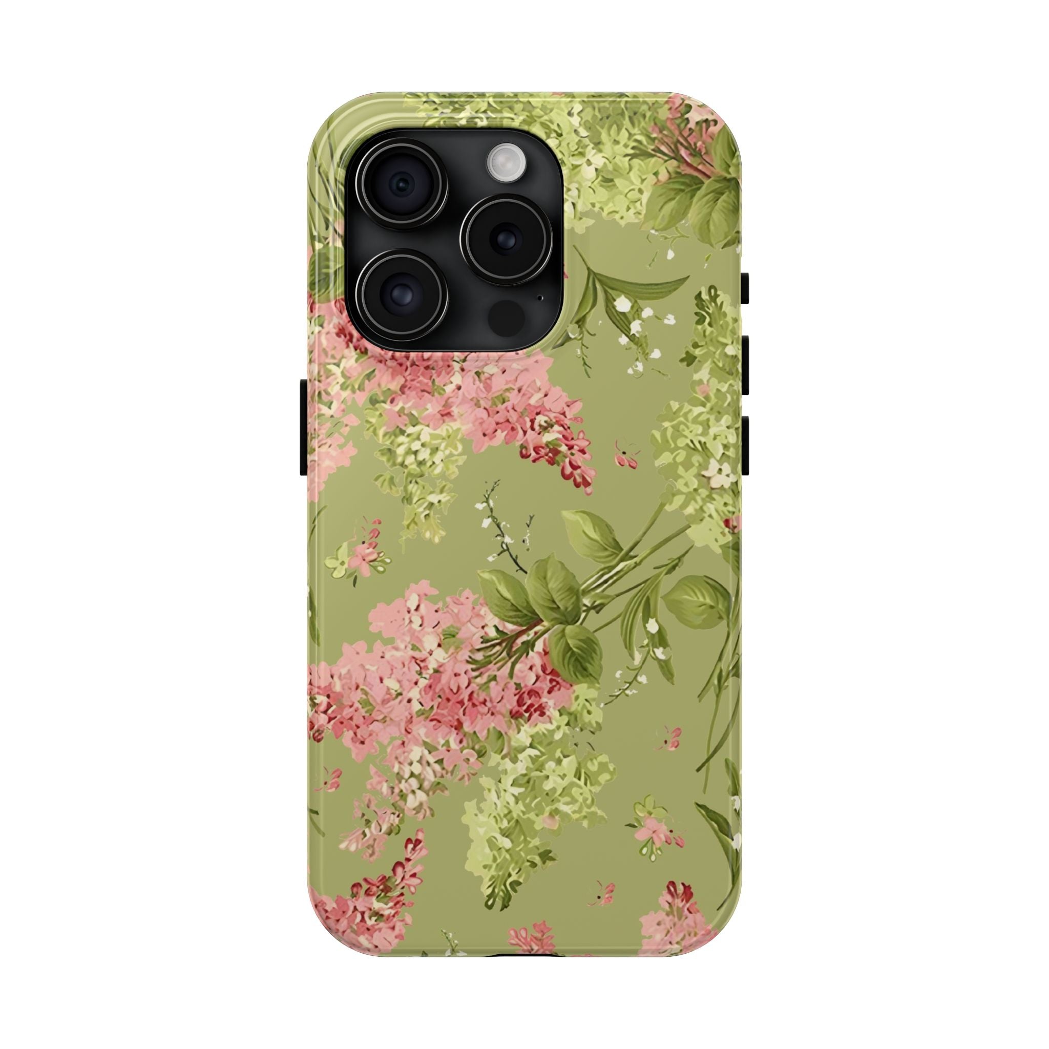 Floral Green Tough Phone Case — Vintage Pink Hydrangea Protective Phone Cover