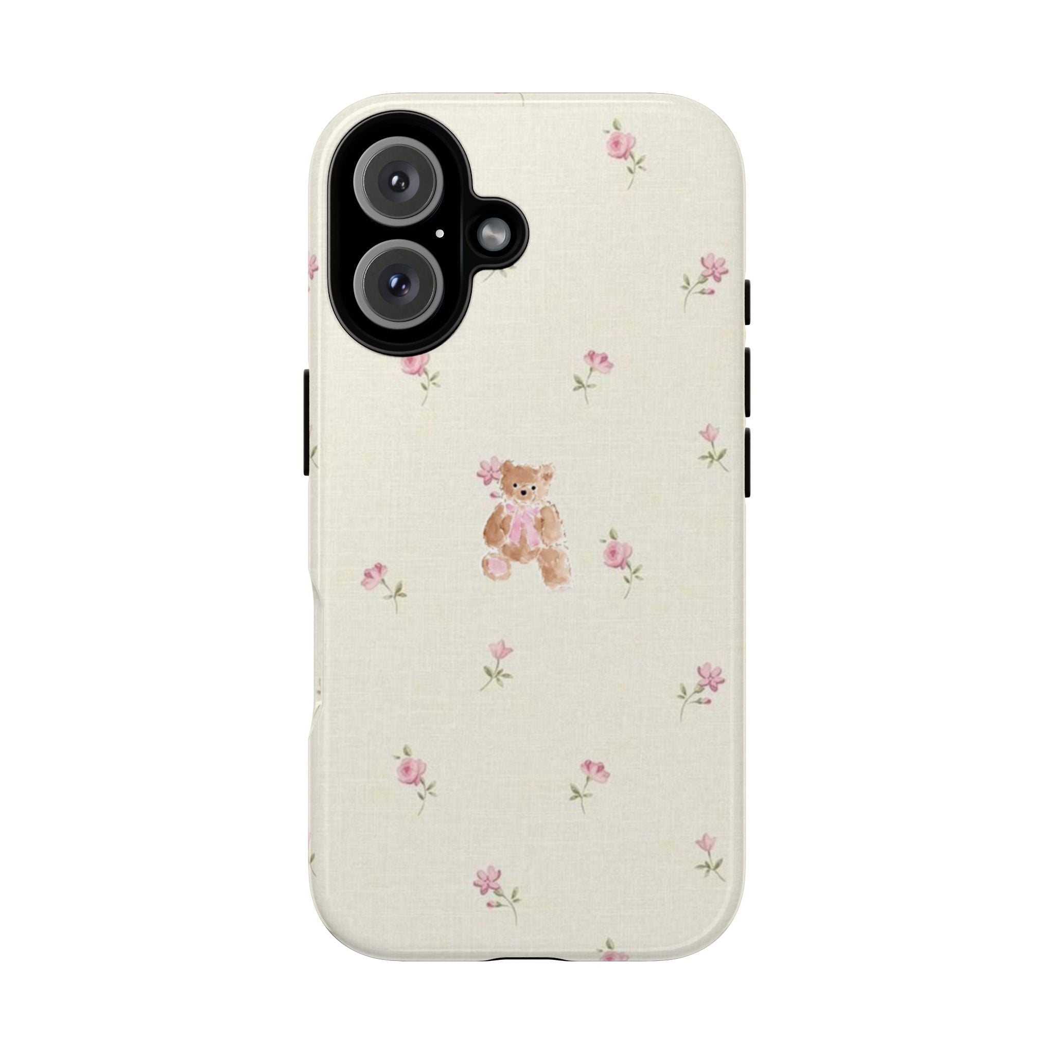 Teddy Floral Tough Phone Case — Cute Pastel Bear & Rose Pattern